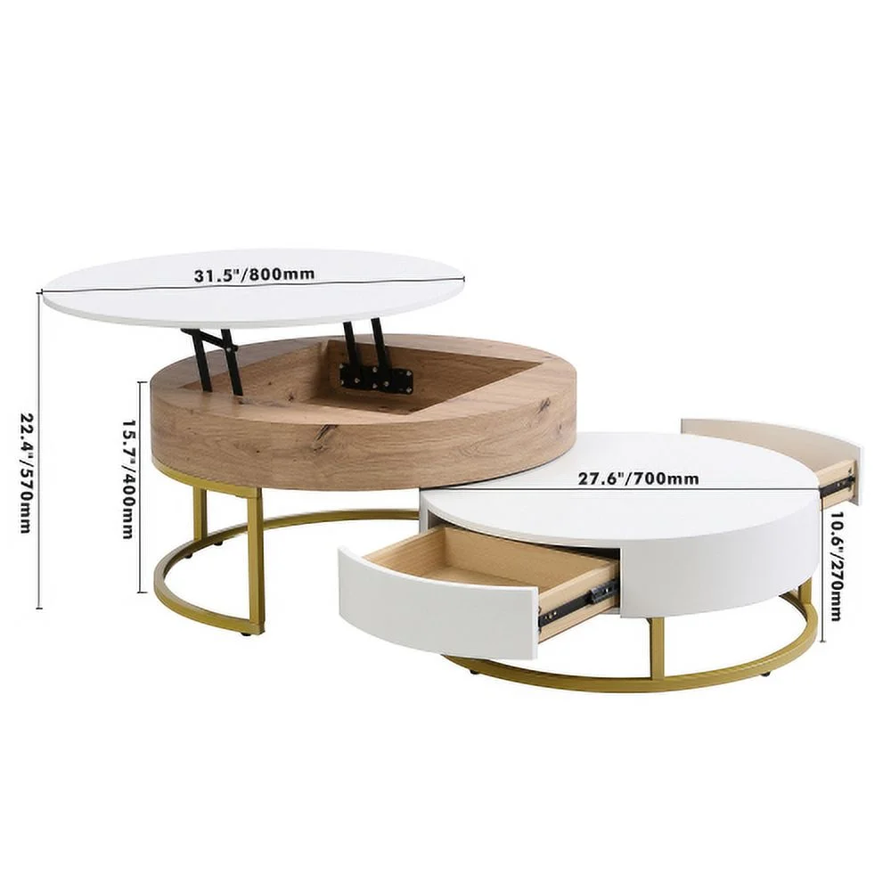 Topline Tackle Modern Round Lift-top Nesting Coffee Tables with 2 Drawers White & Natural
