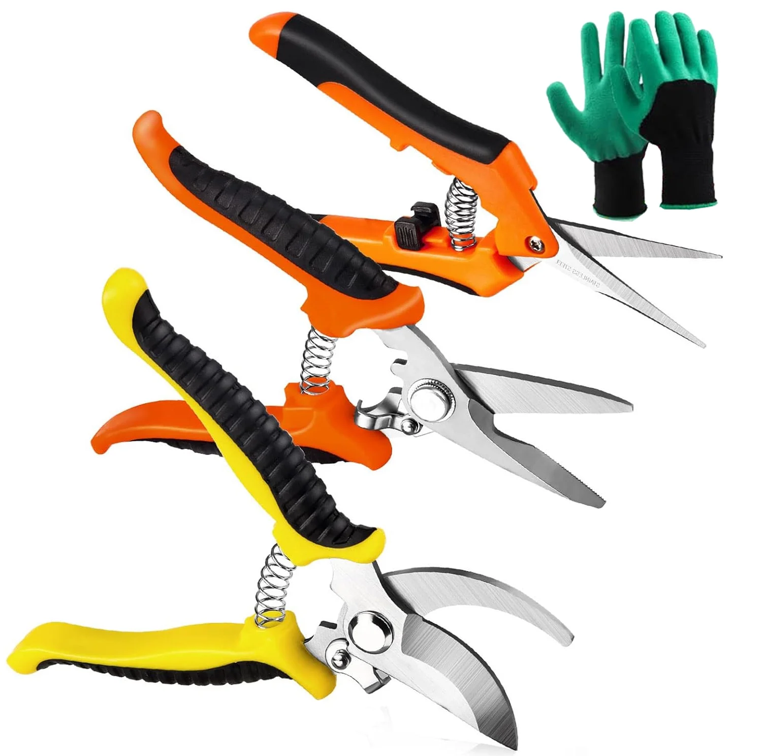 3 Pack Garden Pruning Shears Stainless Steel Blades Handheld Pruners Set with Gardening Gloves