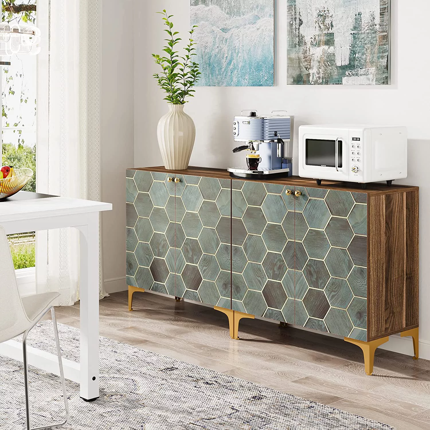 Tribesigns 63 Inches Storage Cabinet, Modern Hexagon Colorful Pattern Display Cabinet, Buffet Sideboard with 4 Doors and Storage Shelves for Home, 63