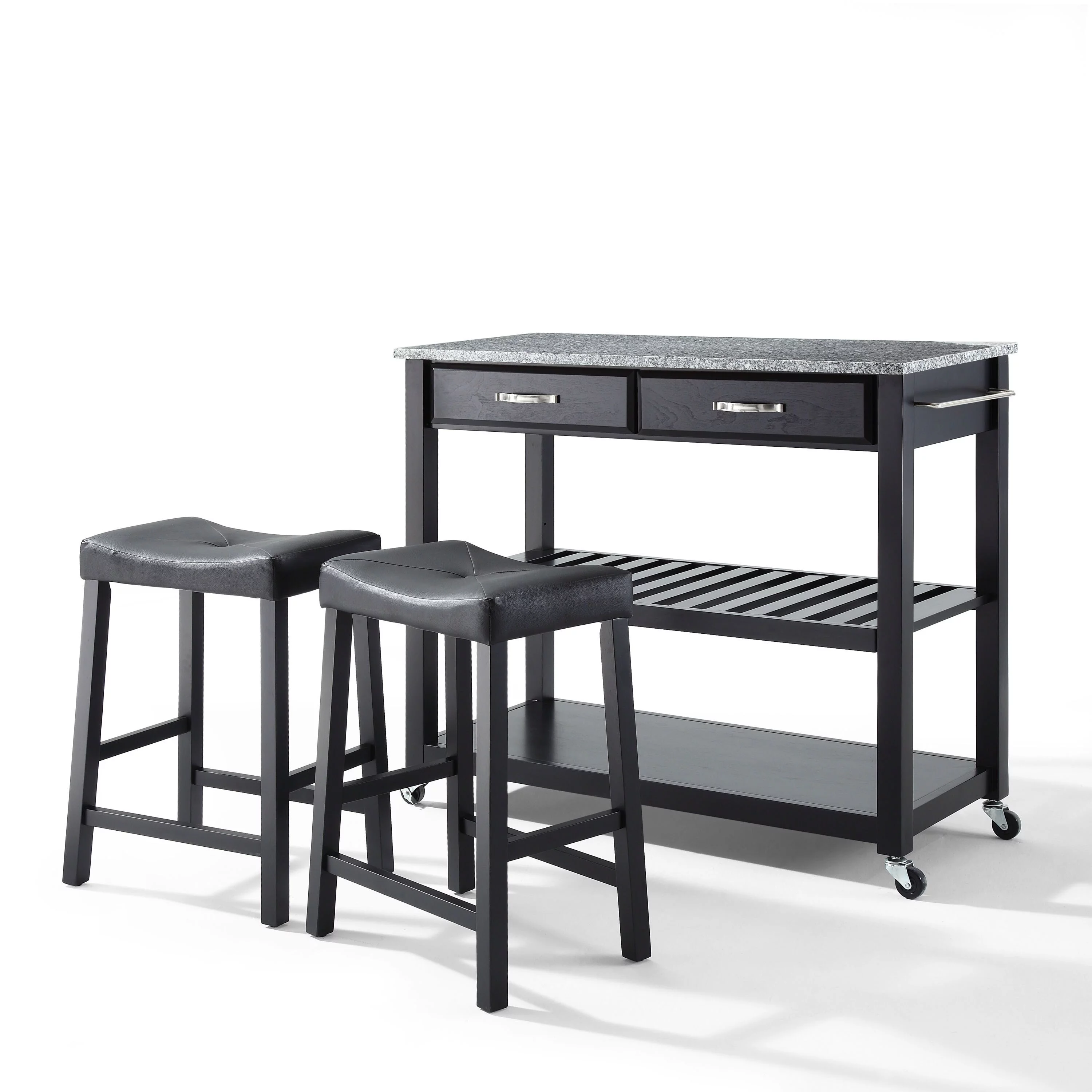 Crosley Furniture Crosley Granite Top Kitchen Prep Cart w/ Upholstered Saddle Stools - 17