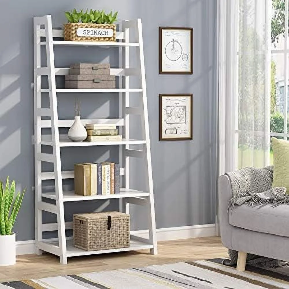 TJUNBOLIFE Ladder Bookshelf Bookcase  Modern 5 Tier Ladder  Leaning Bookshelf Etagere Wood Metal Ladder Bookcase for Living Room  Bedroom  Office and Kitchen (White)