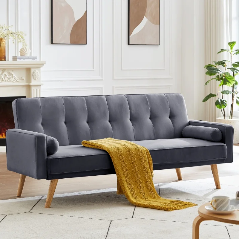 Mid-Century Dark Gray Linen Fabric Chesterfield Sofa Couch, Modern Love Seats Sofa Furniture, Upholstered Button Tufted Couch with 2 Bolster Pillows for Living Room Apartment