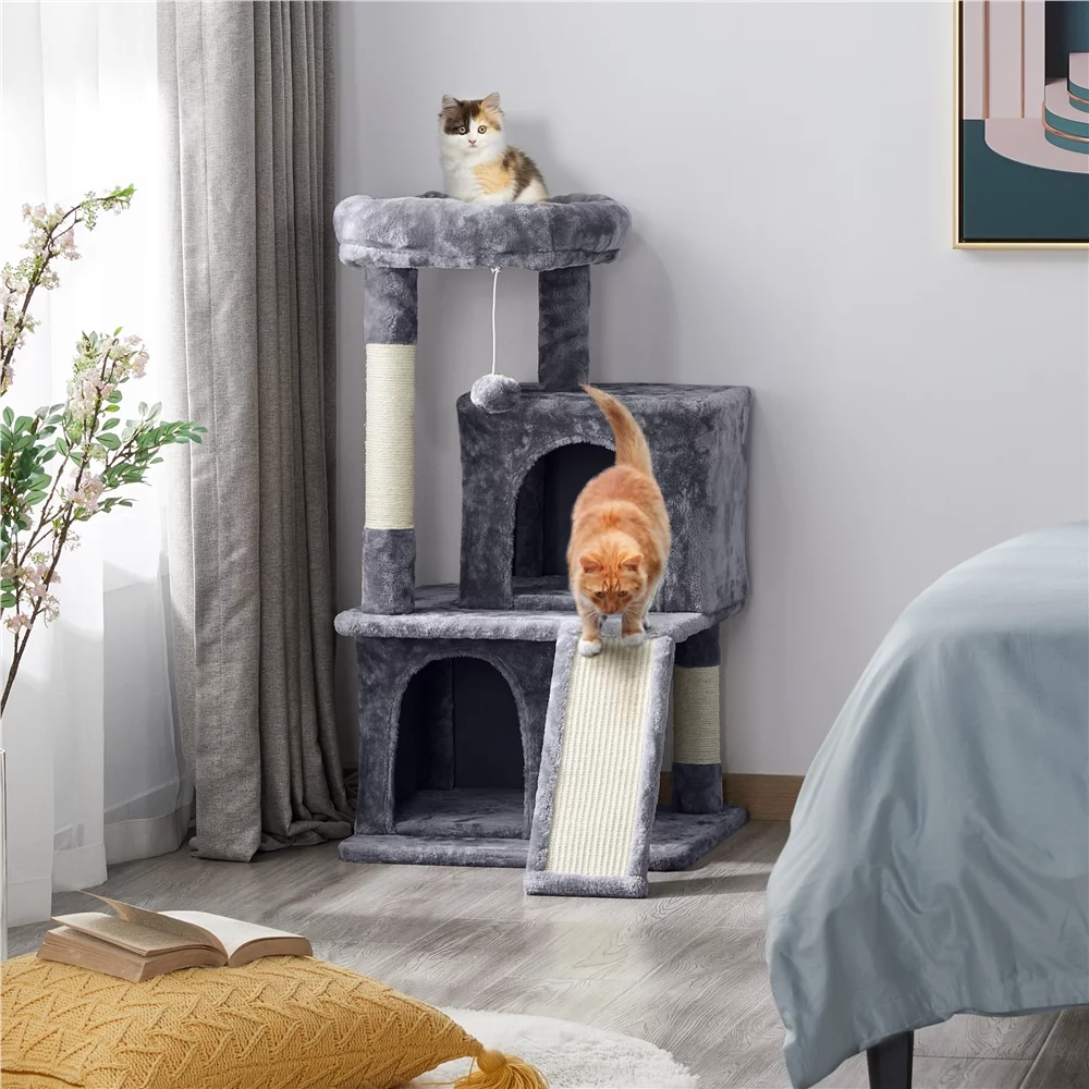 Easyfashion Multilevel Plush Cat Tree with Double Condos and Furry Ball,Dark Gray