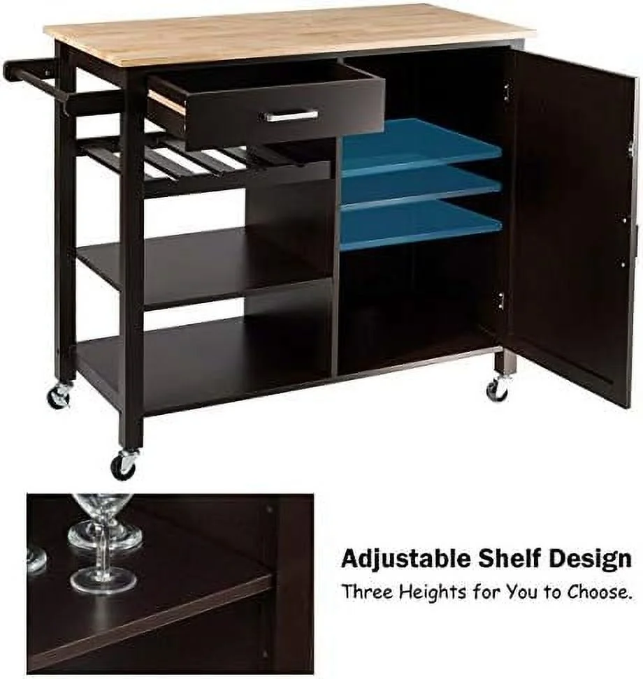 HYHBIBOOM Rolling Kitchen Trolley Cart  Utility Kitchen Cart with Rubber Wood Top  Towel Rack and Lockable Wheels  Rolling Kitchen Island Cart Trolley  Cabinet Towel Rack Drawer Shelves
