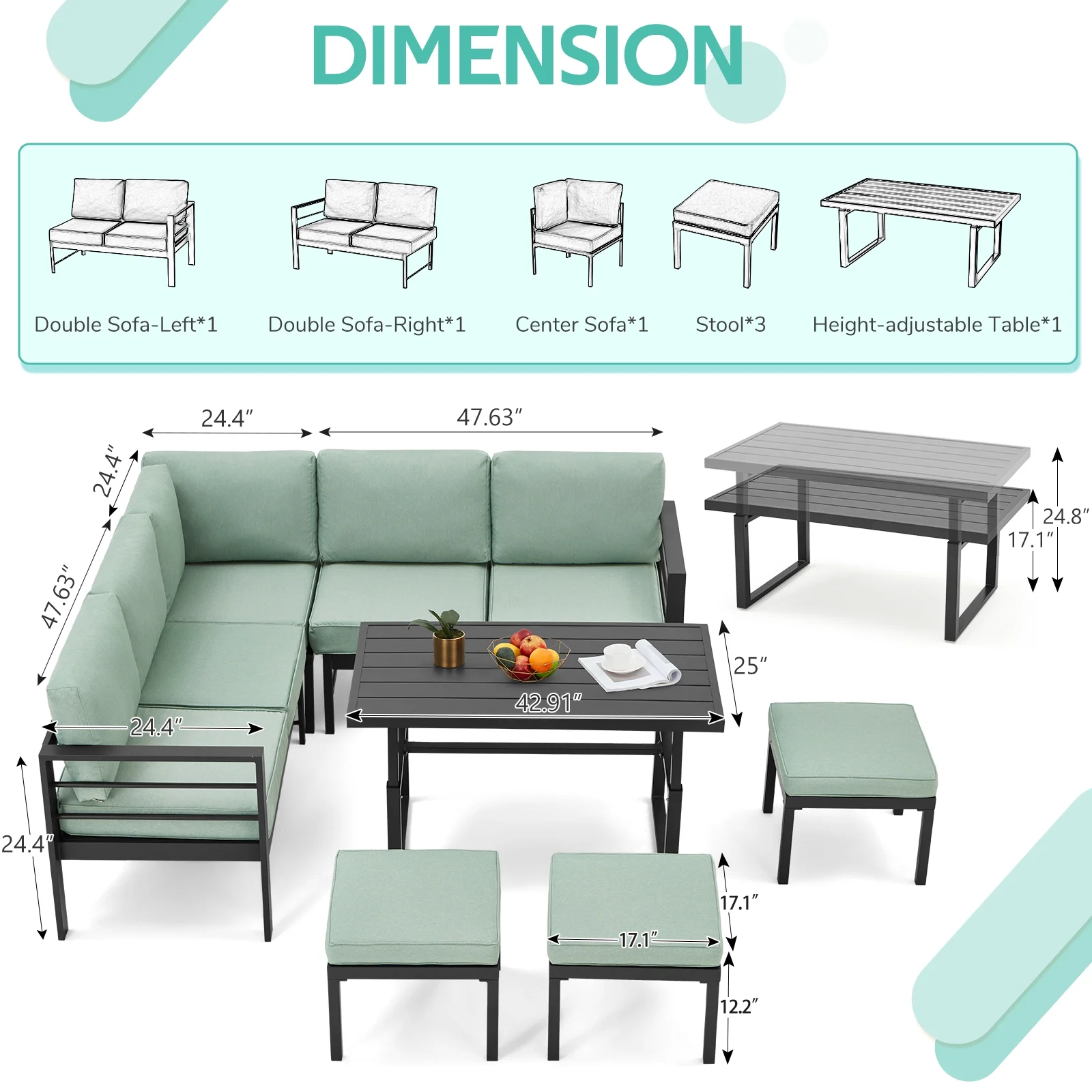 Danrelax All Weather Aluminum Frame Patio Conversation Set, 7 Pieces Outdoor Patio Furniture, Green