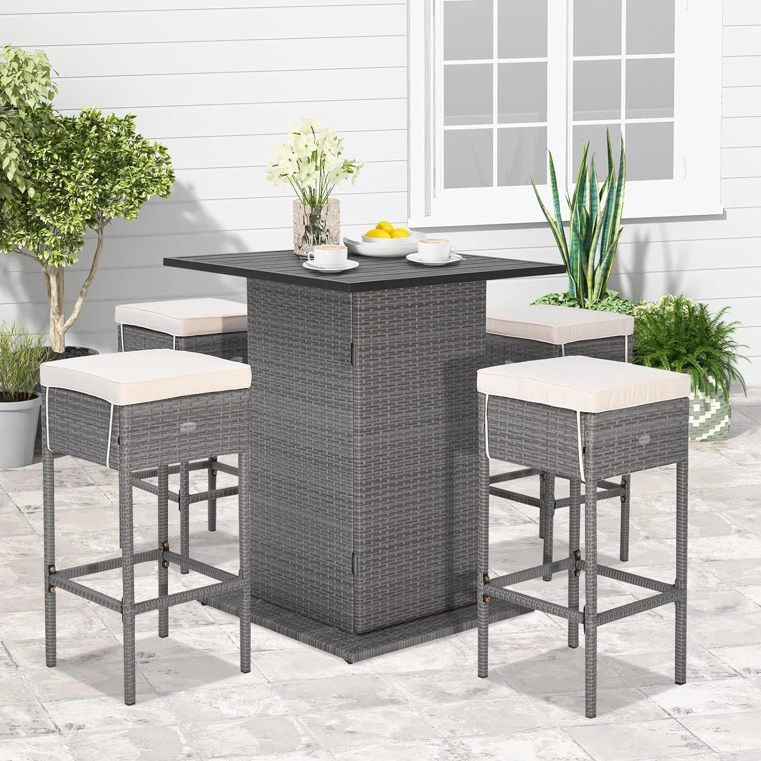 5 Piece Outdoor Rattan Bar Set, Patio Bar Furniture with 4 Cushions Stools and Smooth Top Table with Hidden Storage Shelf, Outdoor Conversation Set for Poolside, Backyard, Lawn (Grey-White)