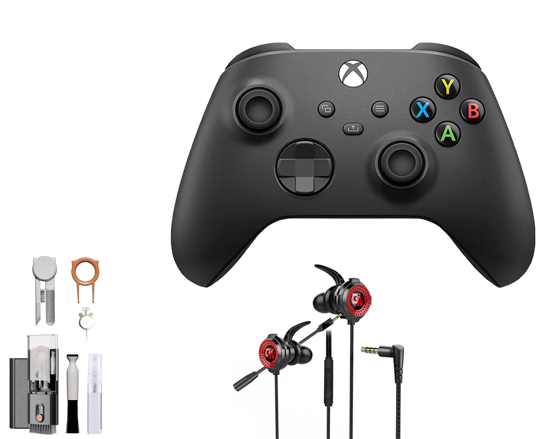 Microsoft Xbox Wireless Carbon Black Controller for Xbox Console + Wired Earbuds With Cleaning Kit BOLT AXTION Bundle Like New