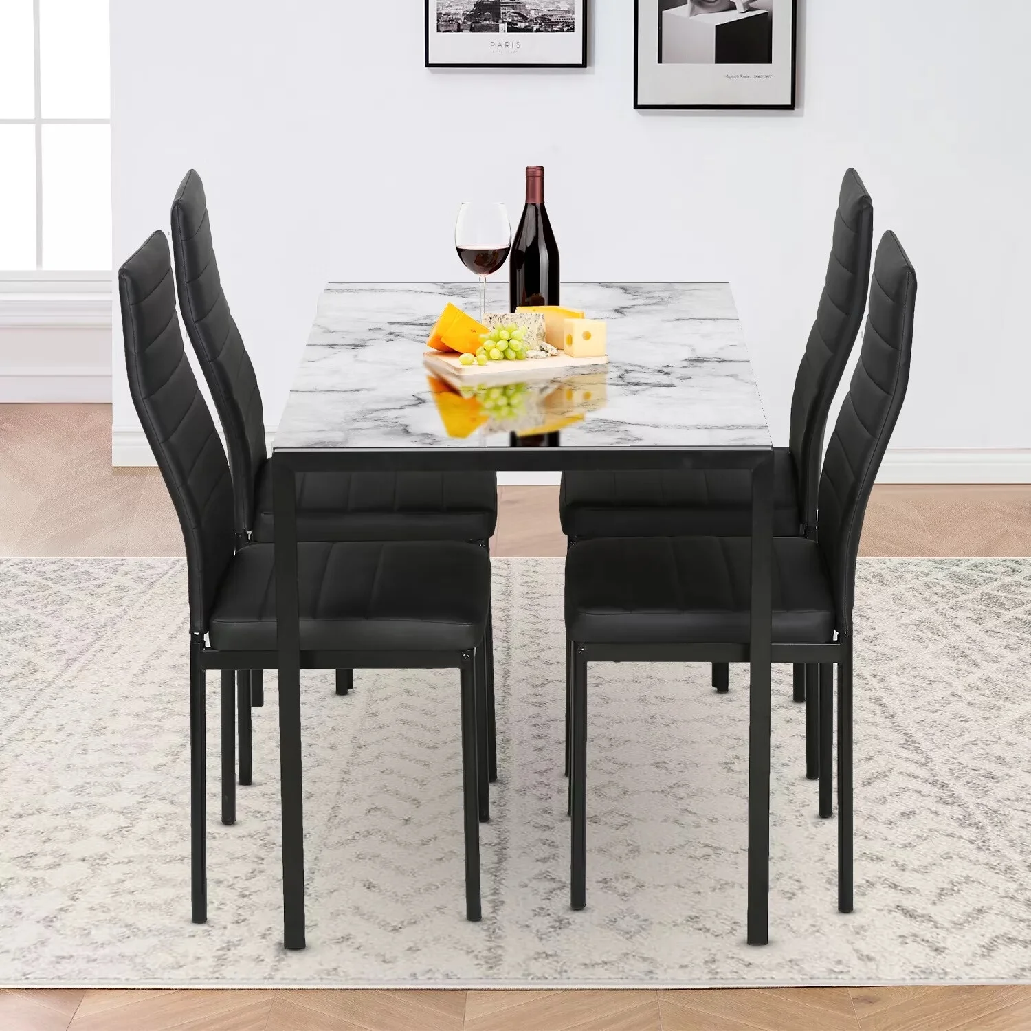 YRLLENSDAN Rectangle Kitchen Table Sets with Chairs 5 Piece, Small Dining Table Set 5 Piece White With Faux Leather Metal Chairs Dining Room Table Set for Small Spaces Kitchen