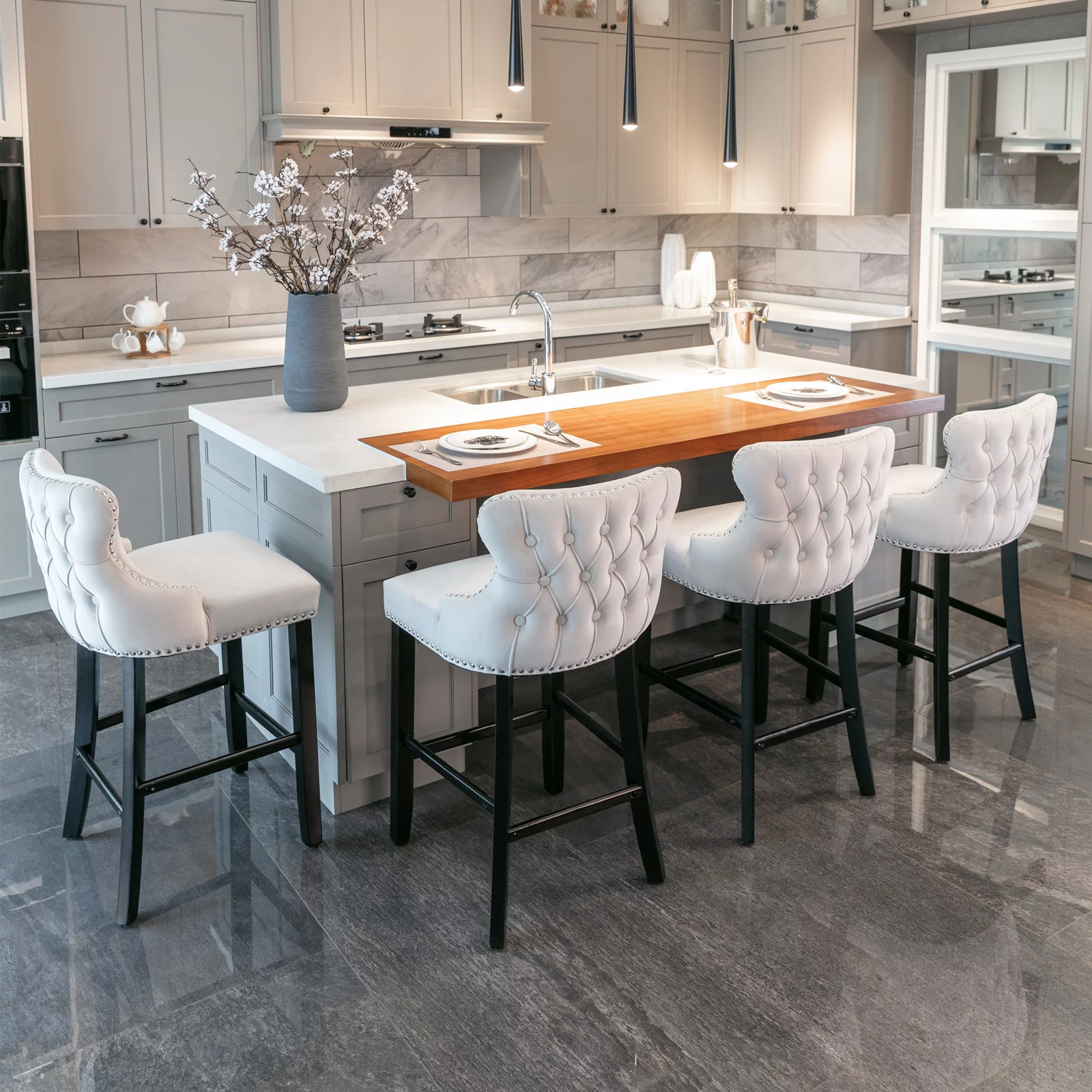 Velvet Wing-Back Barstools with Chrome Nailhead Trim - Set of 2 - Upgrade Your Space