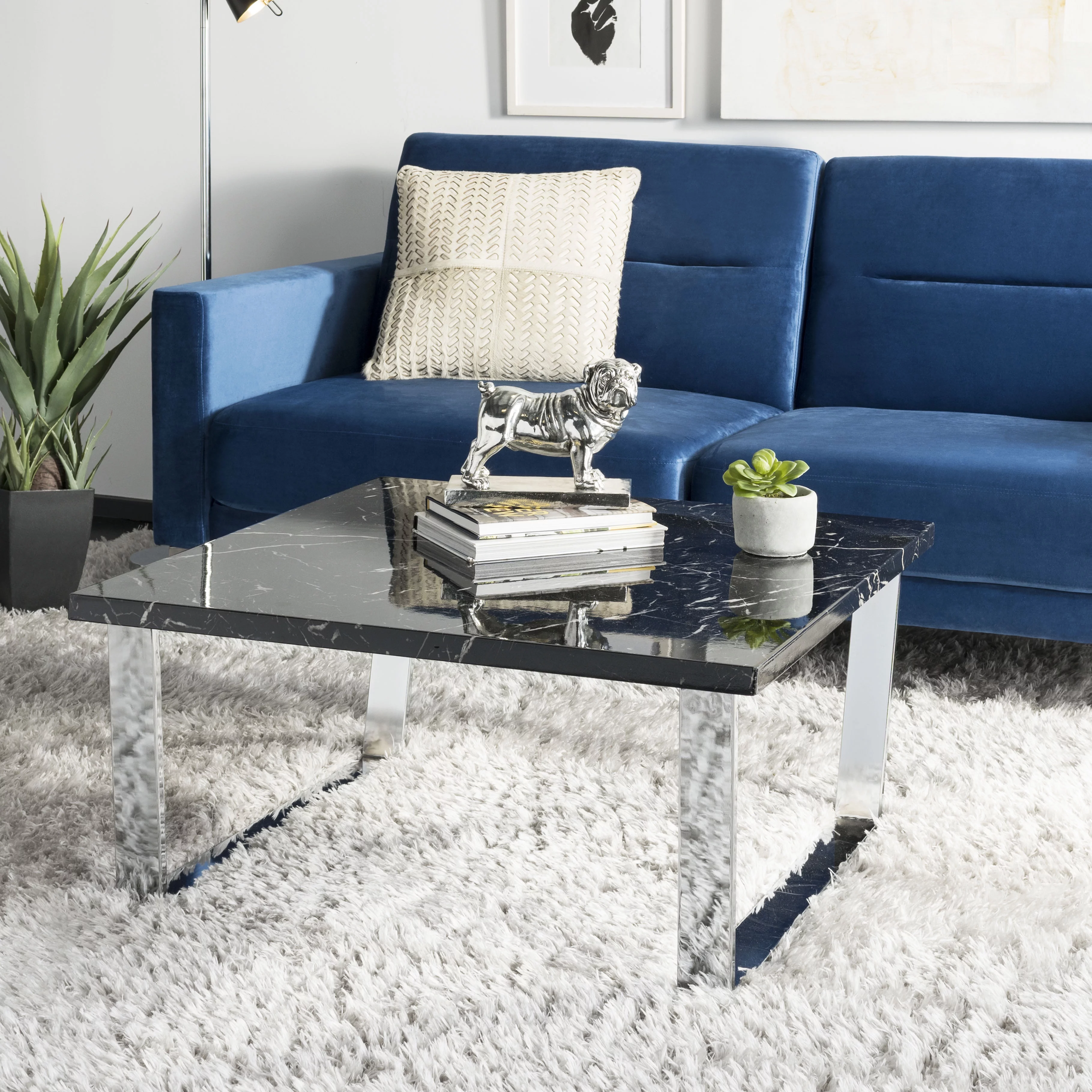 SAFAVIEH Carmen Modern Glam Square Coffee Table, Black Marble/Chrome