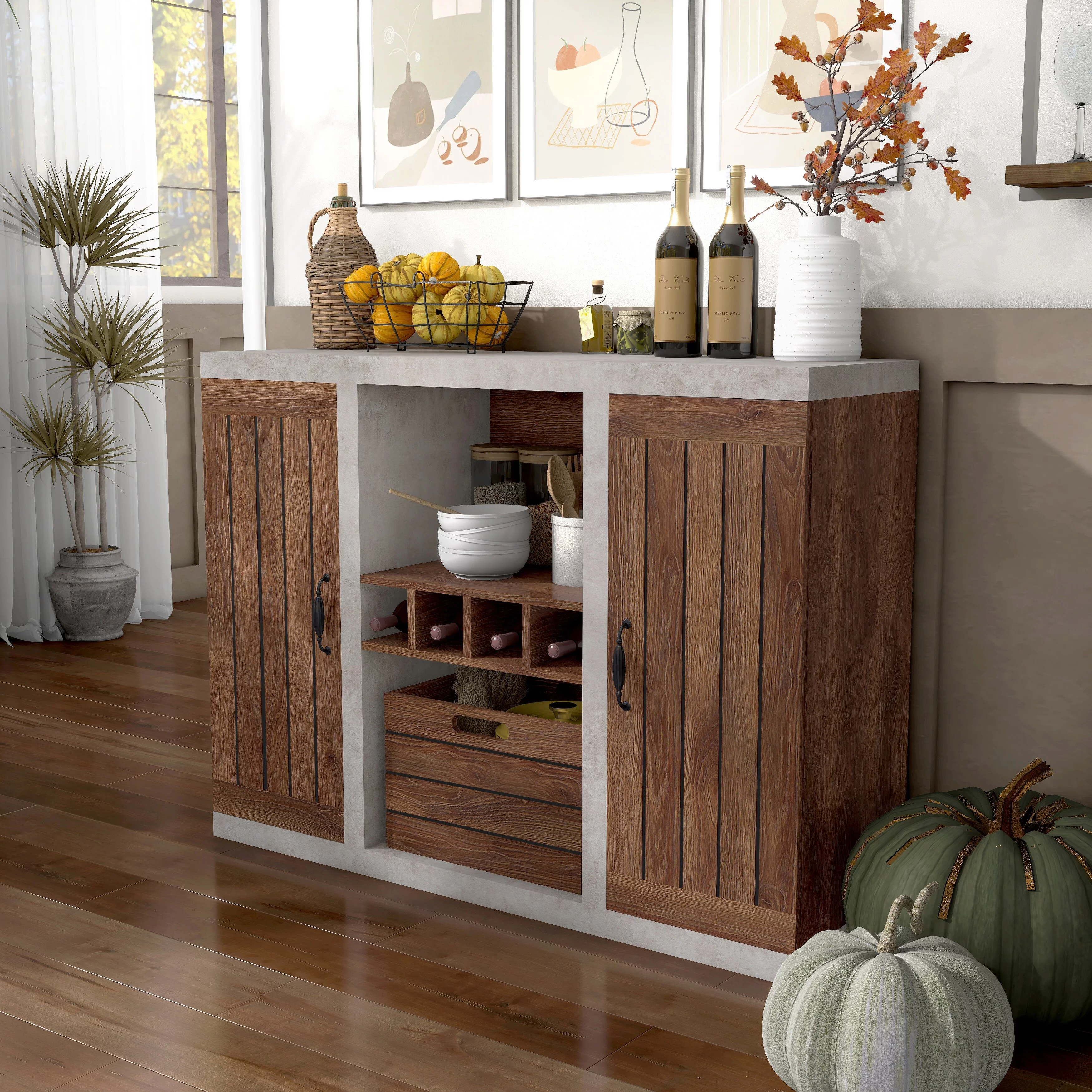 Furniture of America  Xole 47-in. Rustic 7-shelf Sideboard Black/Cement 47.25