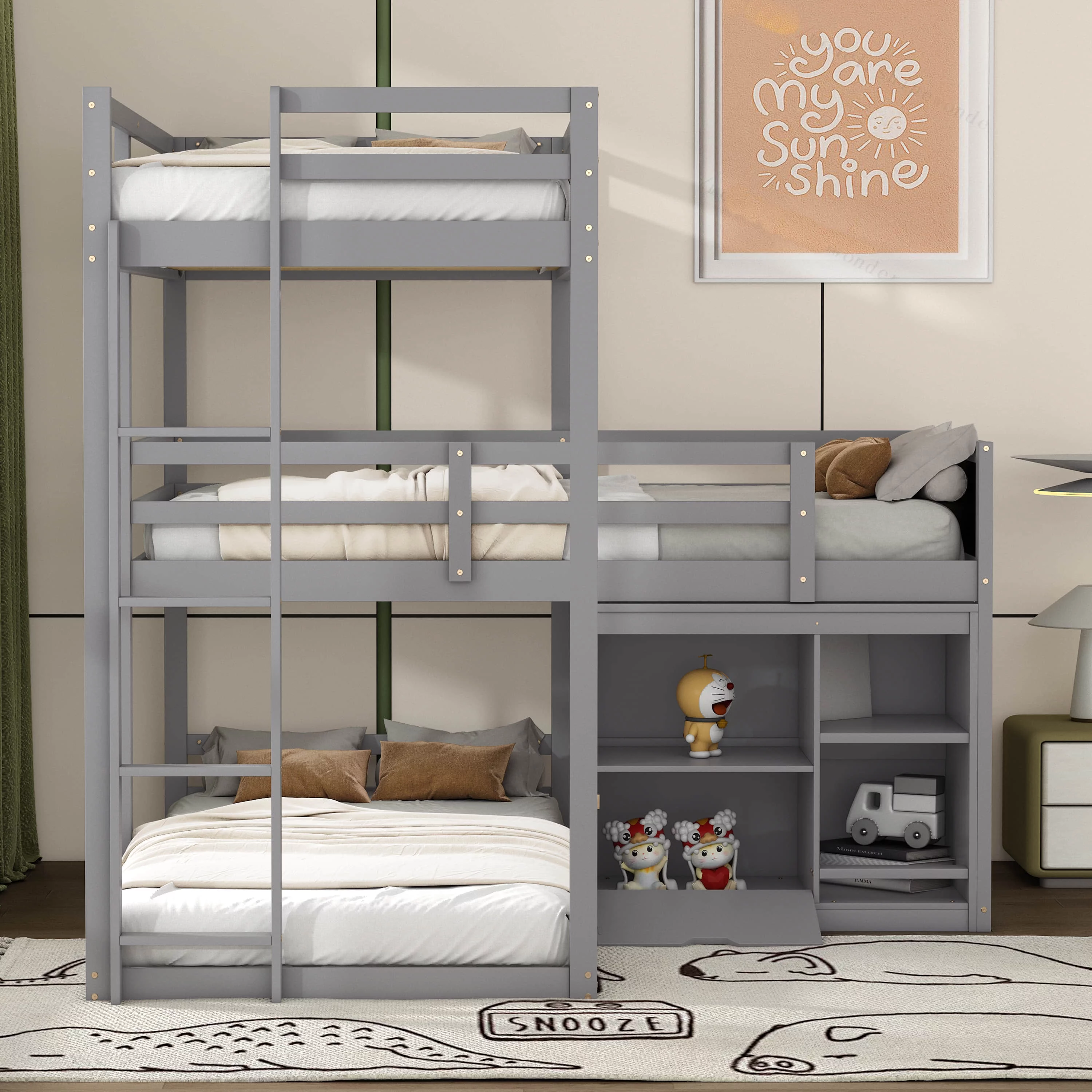 L-shaped Wood Triple Twin Size Bunk Bed with Storage Cabinet and Blackboard, Ladder