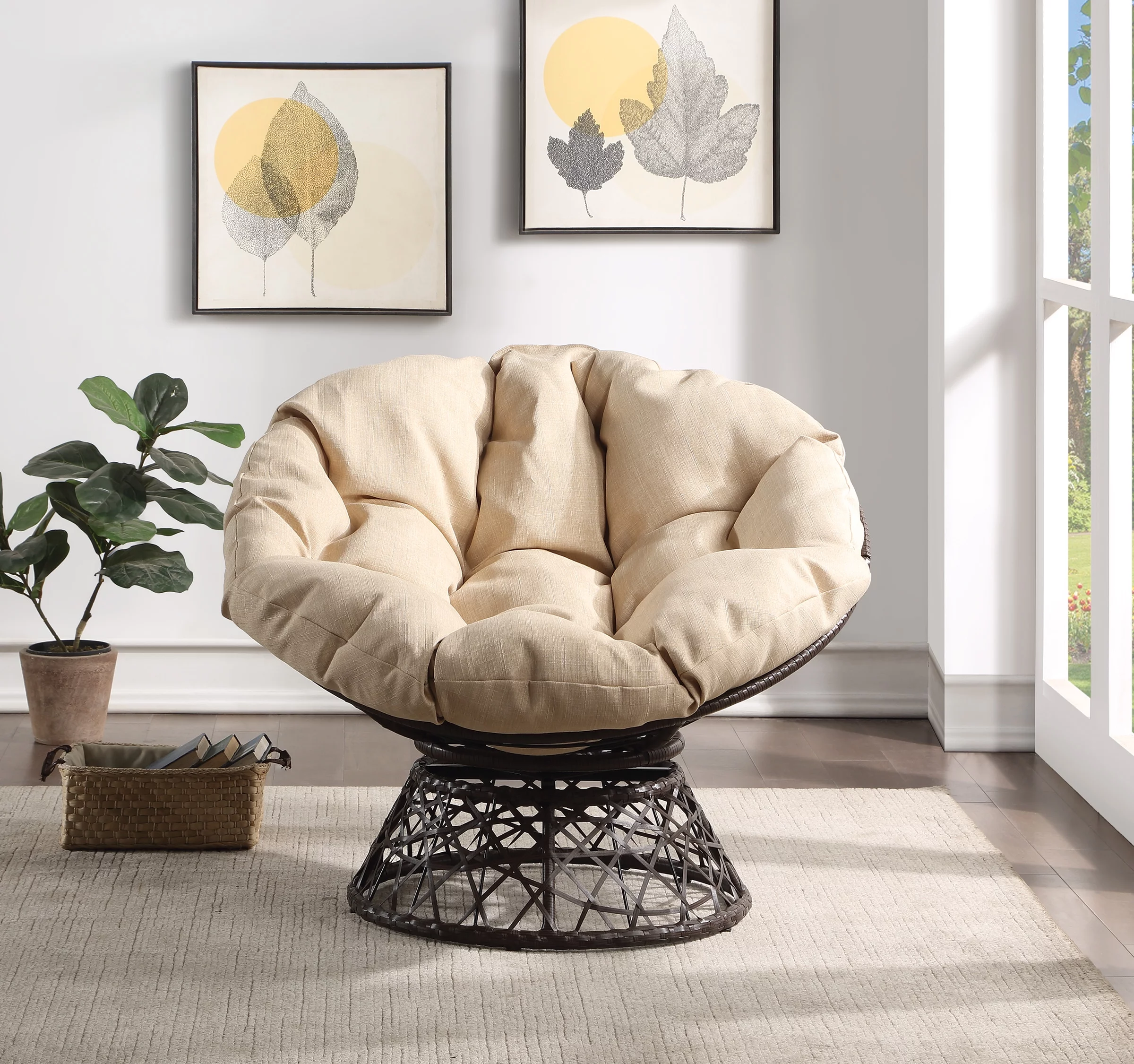 OSP Home Furnishings Papasan Chair with Cream Round Pillow Cushion and Brown Wicker Weave
