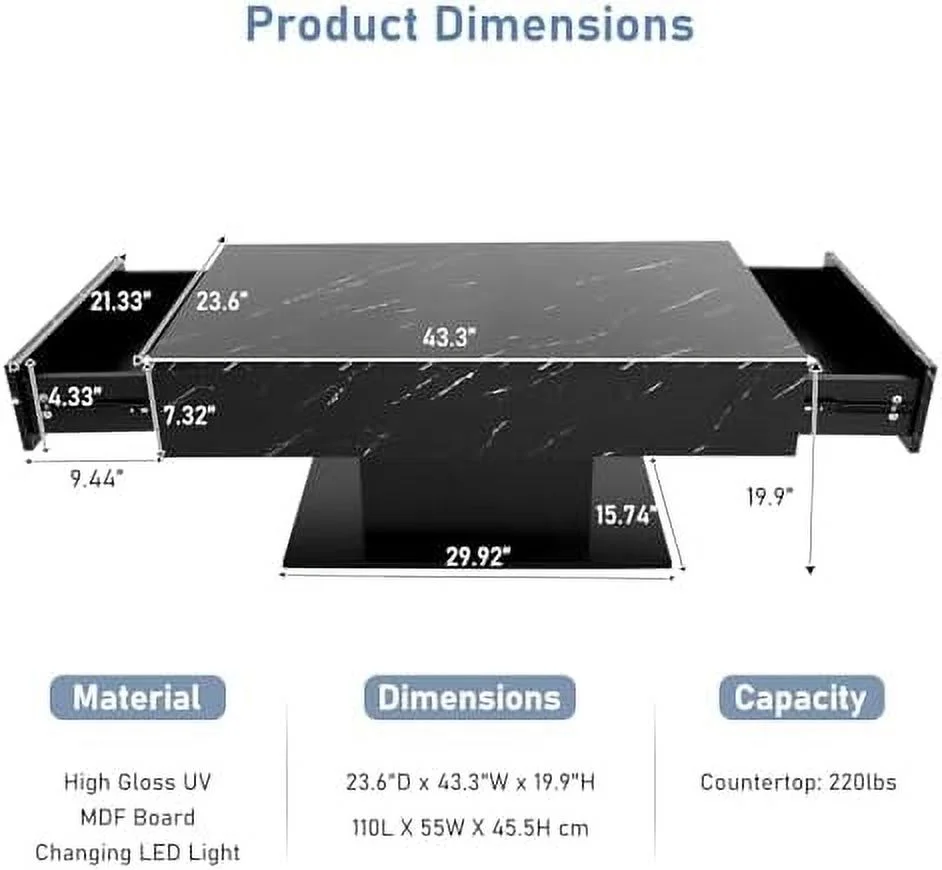 SQSFCB for Living Room 43" Large Center Table with 2  Sliding Drawer & Bluetooth Control LED  Smart Game Tea Table for Home Office  Modern High Glossy Coffee Table(White)