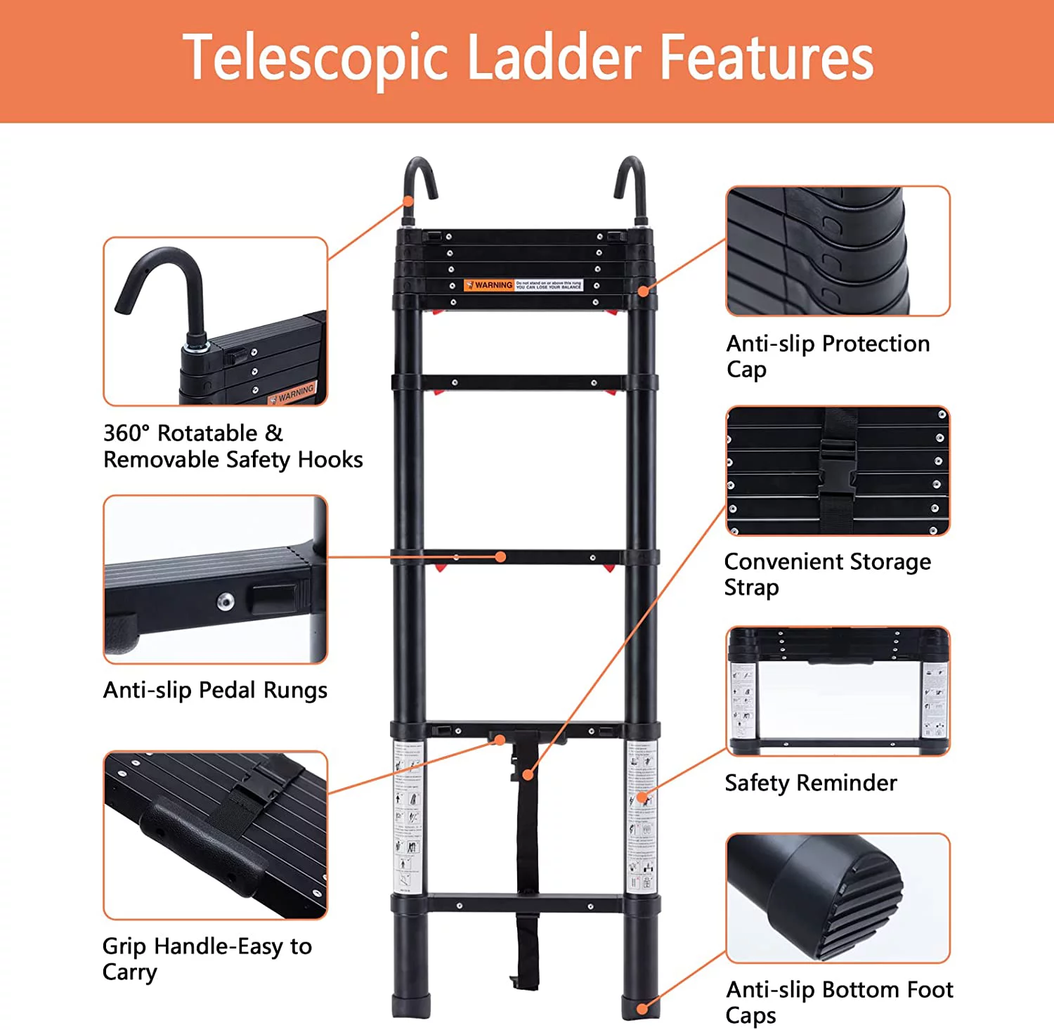 8.9FT Telescoping Ladder Black, OUWI One Button Retraction Aluminum Telescopic Ladder,Extension Lightweight Ladder, Extendable Multi-Purpose Ladder for Roofing Business,RV Outdoor, 330Lb Capacity