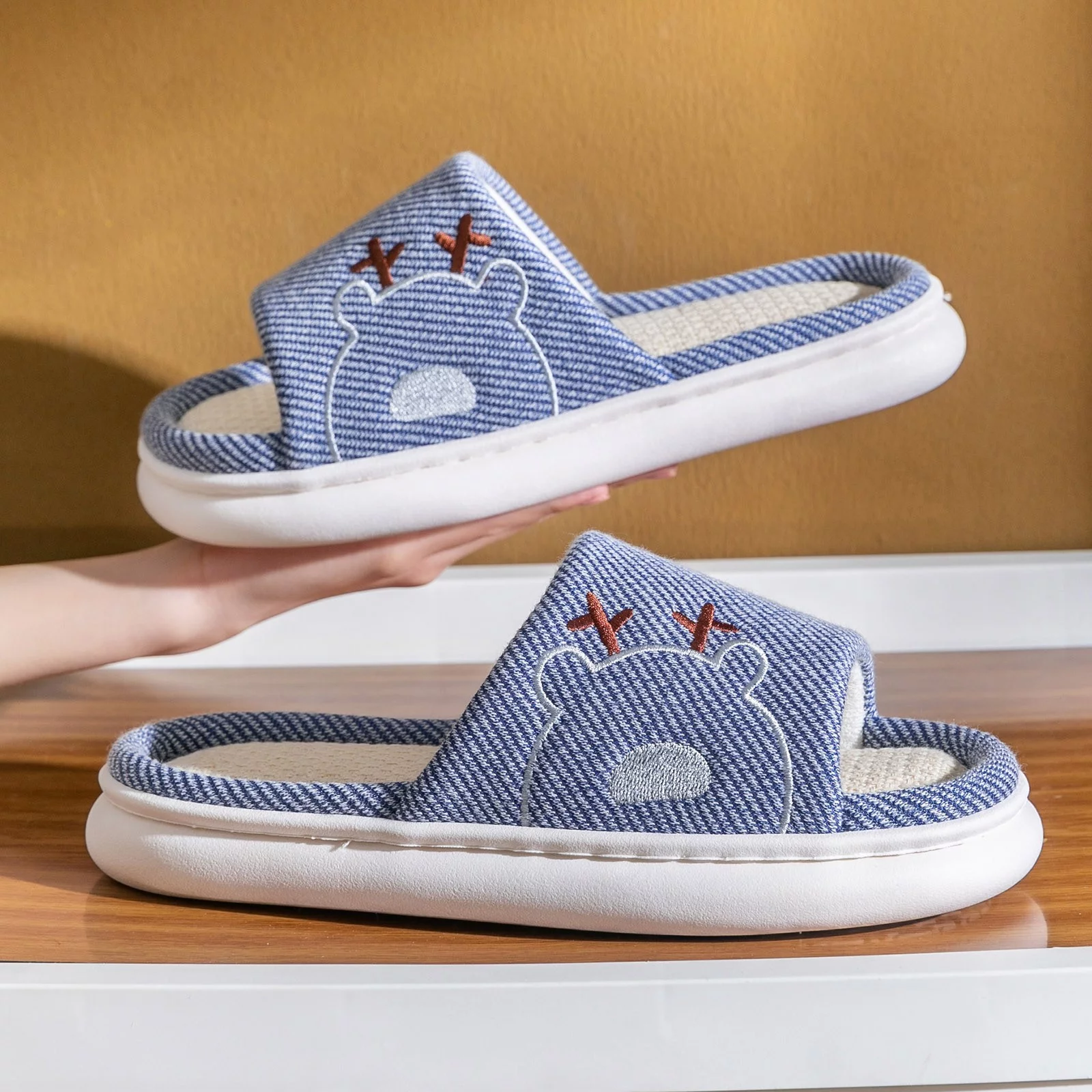 Mens Slippers Wide Width Family Couple Little Deer Linen Slippers Thick Sole Home Parent Child Cotton Linen Slippers
