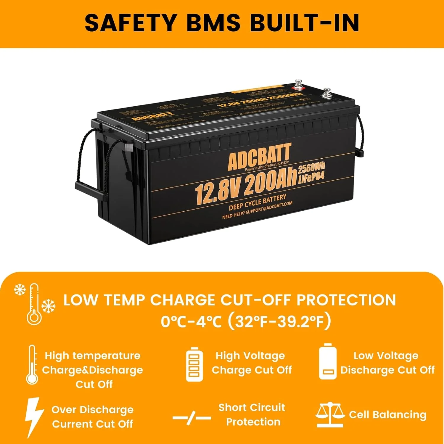 Adcbatt 12V 200Ah Lithium LiFePO4 Battery with Low Temp Charge Cut-off for RV,Trolling Motor, Backup