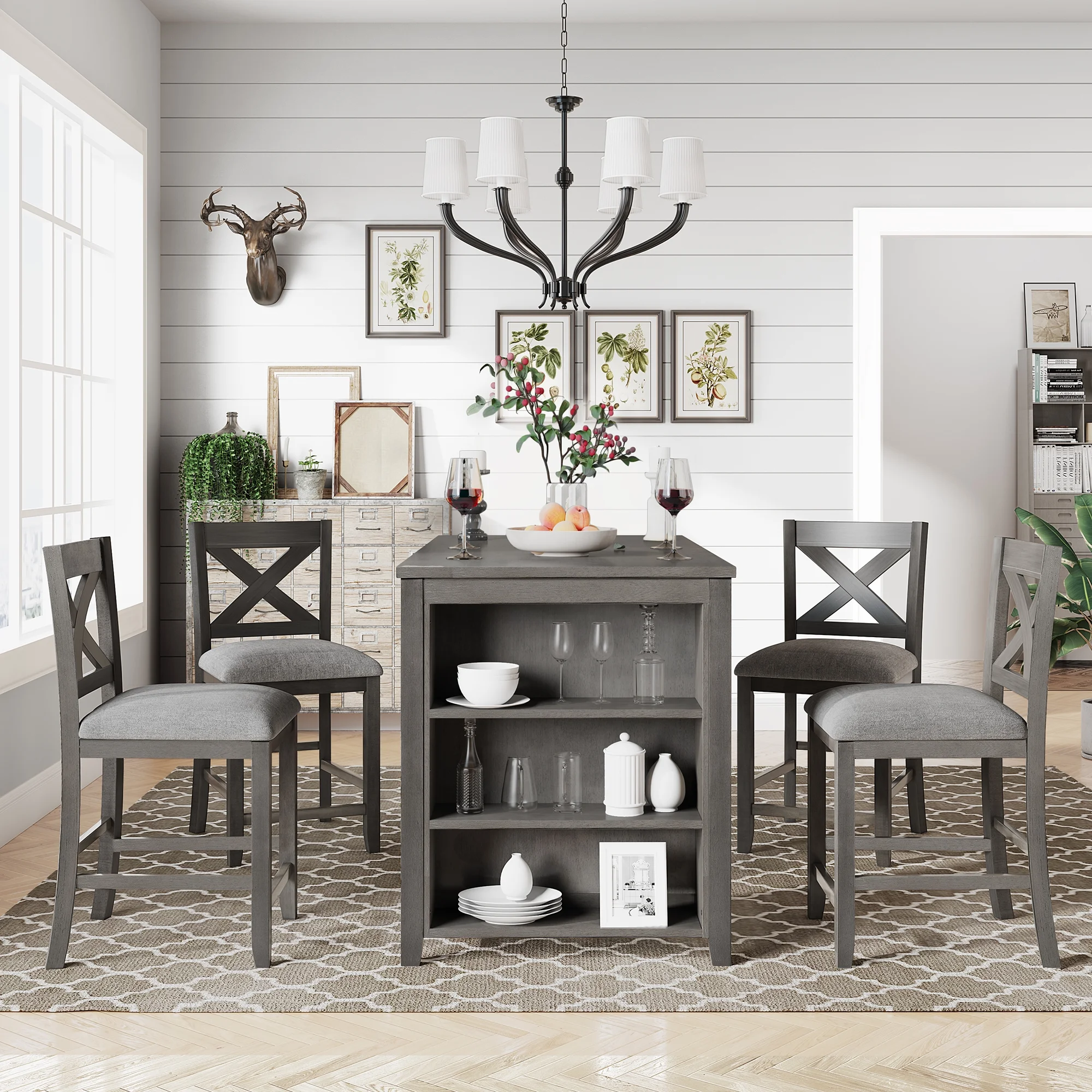 Churanty 5 Pieces Counter Height Farmhouse Dining Table for 4,Wooden Bar Table Set with 4 Chairs, Gray