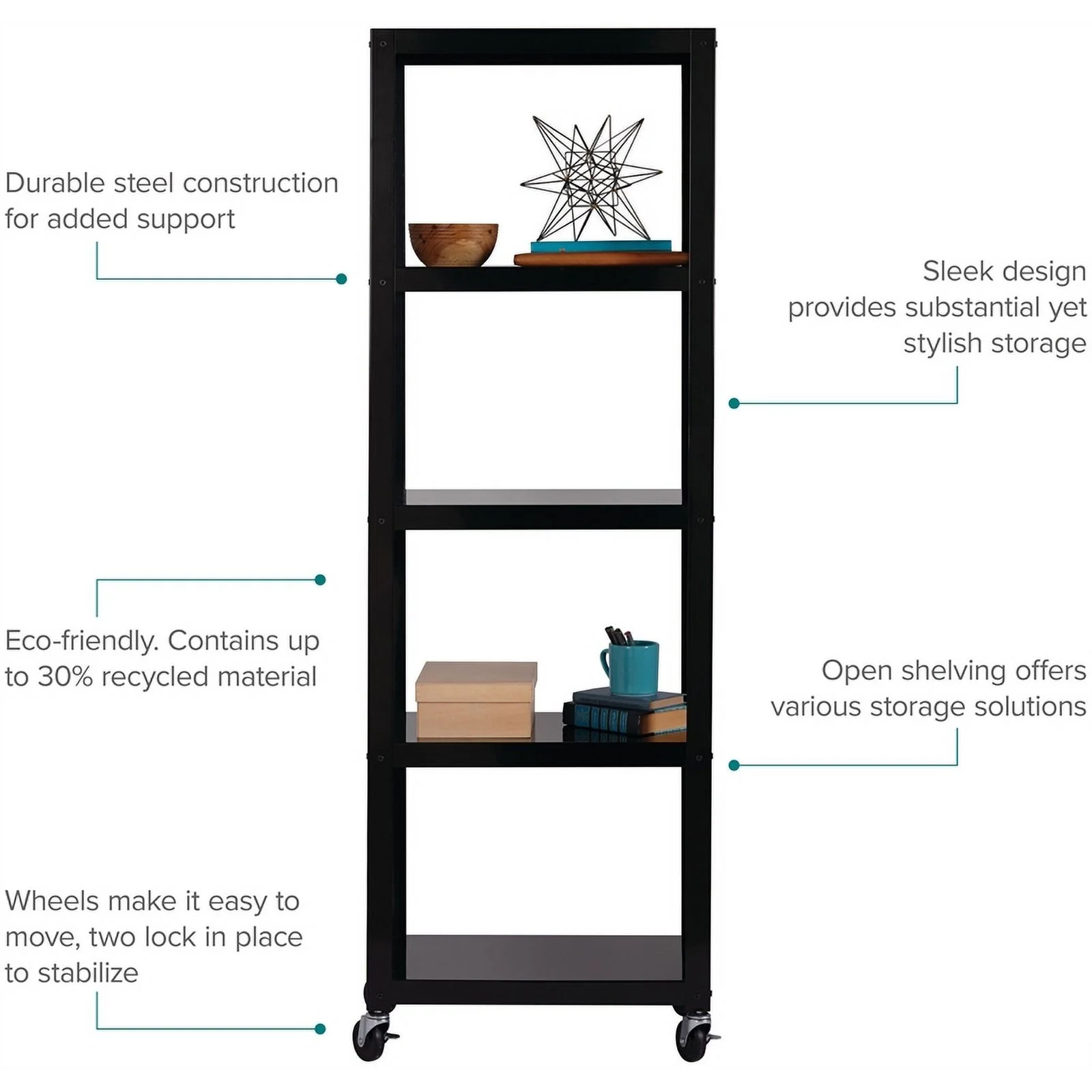 Pemberly Row 5-Shelf Steel Metal High Mobile Bookcase in Black