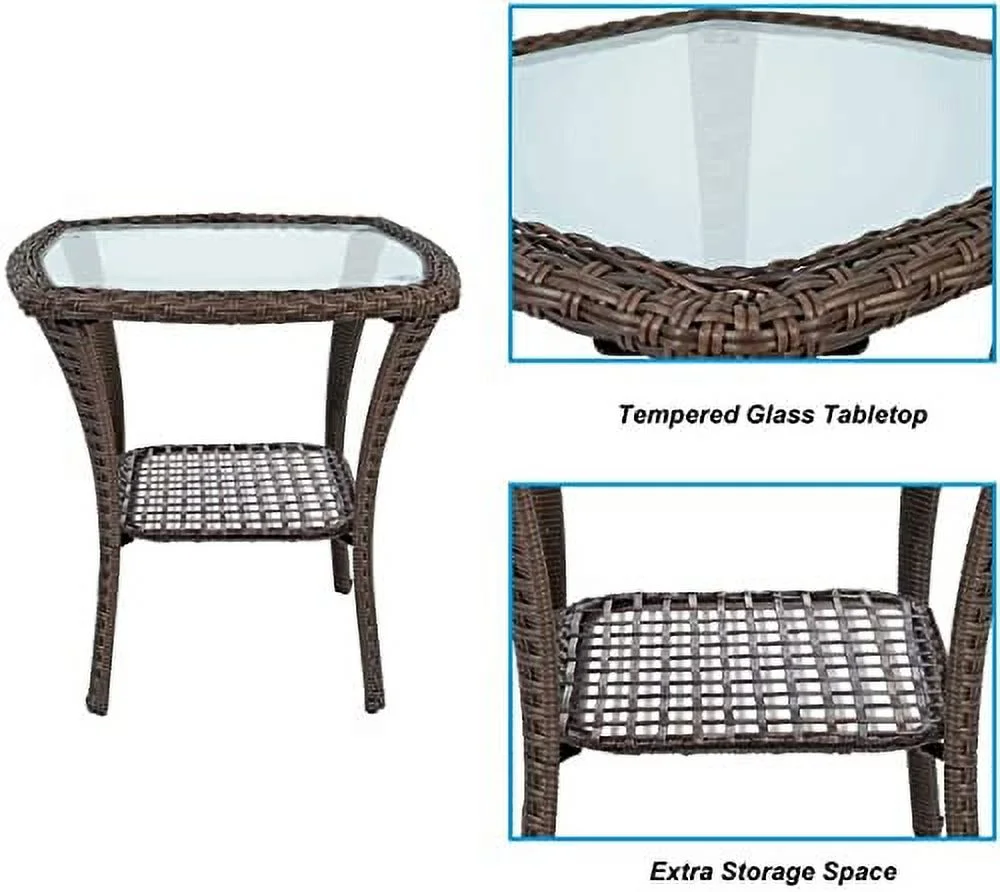 BABYLON Indoor Outdoor Coffee Table, All-Weather Wicker Tempered Glass Top Side Table, Indoor Outdoor Aluminum Patio End Table with Storage Space, 20''x 20''x20''