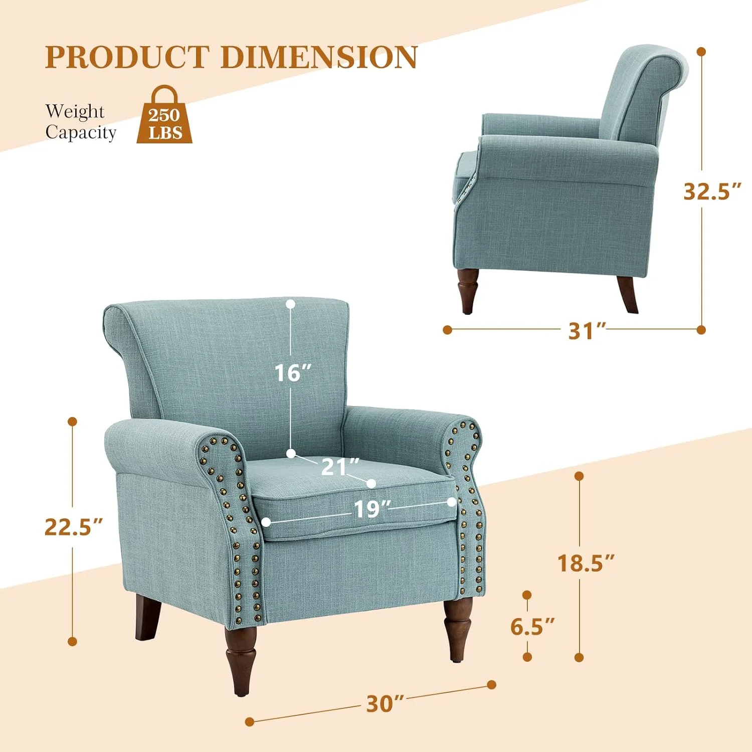 Modern Wingback Living Room Chair Upholstered Fabric Accent Armchair Set Of 2 With Nailhead Trim And Wood Legs For Bedroom Office Reading Spaces Removable Cushion Lounge Chair, Blue