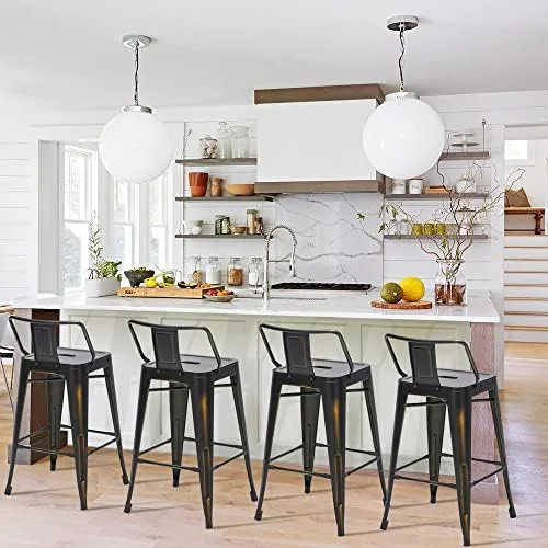 HBBOOMLIFE Changjie  Metal  Stools Set of 4 Distressed Industrial Counter  Stool with Backs Bistro Cafe Barstools(26 inch  Distressed White)