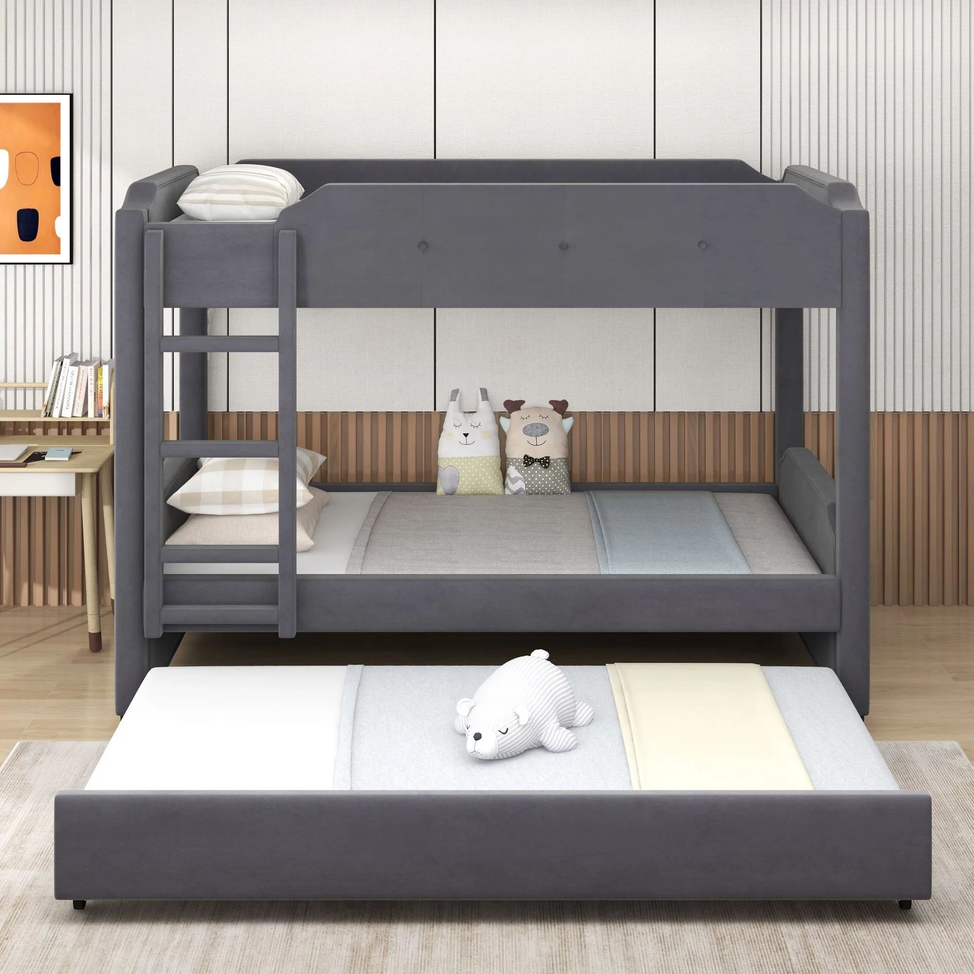 EUROCO Twin over Twin Upholstered Bunk Bed with Trundle, Gray