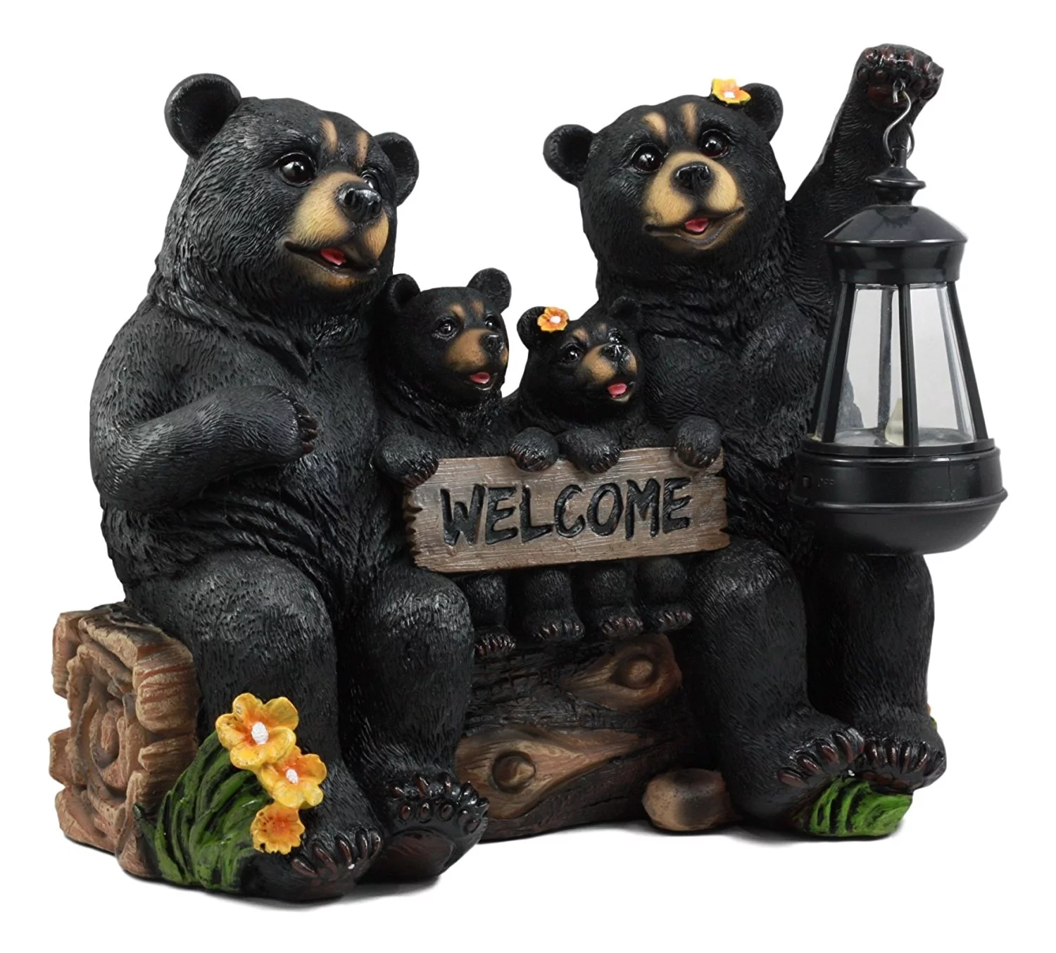 Ebros Beacon Of Happiness Rustic Black Bear Family Welcome Sign Statue With Solar LED Light Lantern