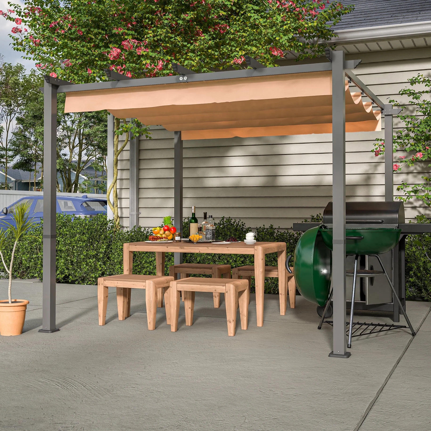 LZBEITEM 9.8 x 9.8 ft. Outdoor Patio Pergola Retractable Canopy Backyard Shade Black Alu Frame