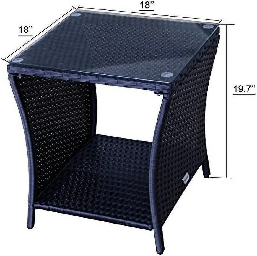 TJCGDTY Black Outdoor Square Wicker Rattan Side Tea Table w/Glass Top Patio  with  (Black-1)