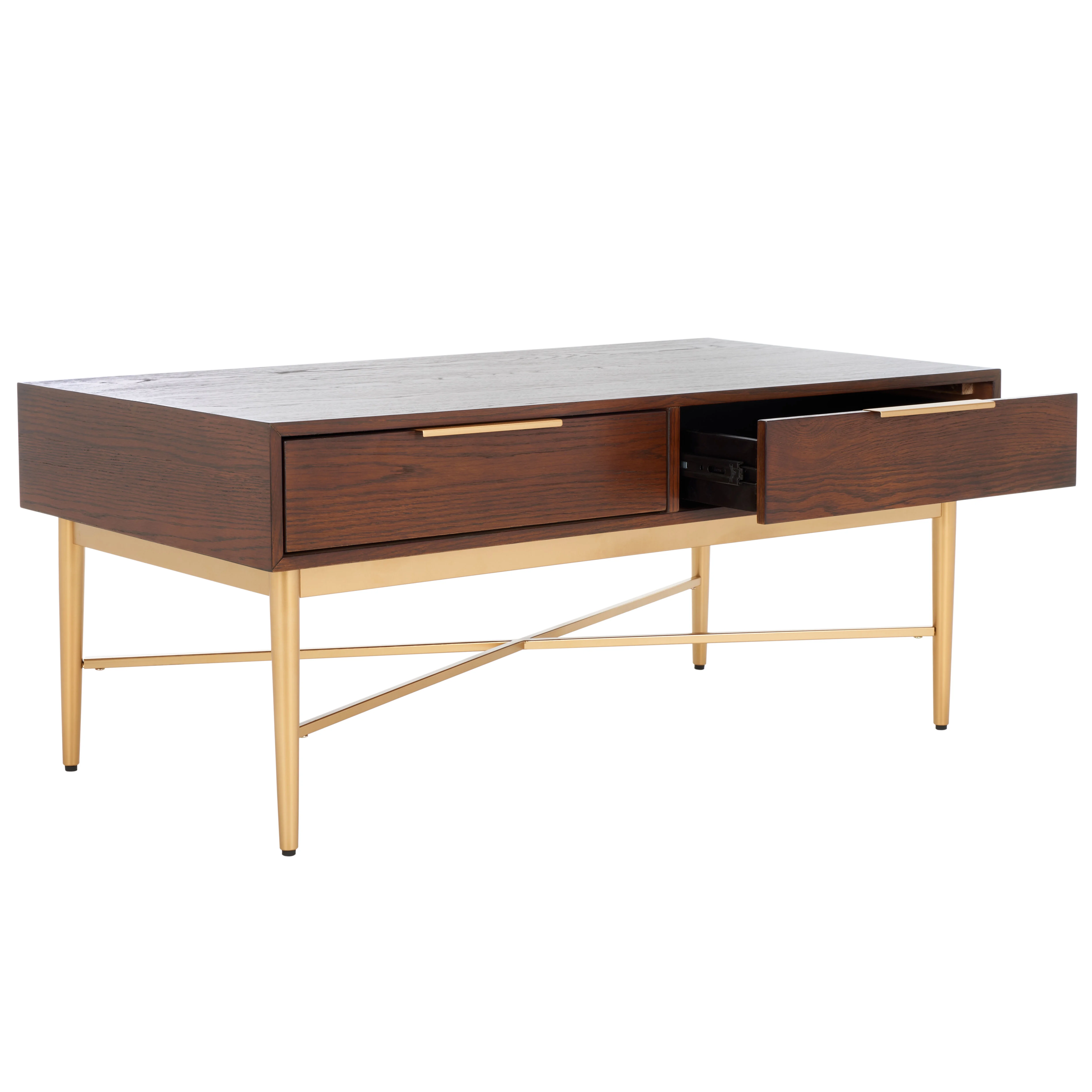 SAFAVIEH Pierre Contemporary 2 Drawer Coffee Table, Walnut/Gold (42 in. W x 22 in. D x 18 in. H)
