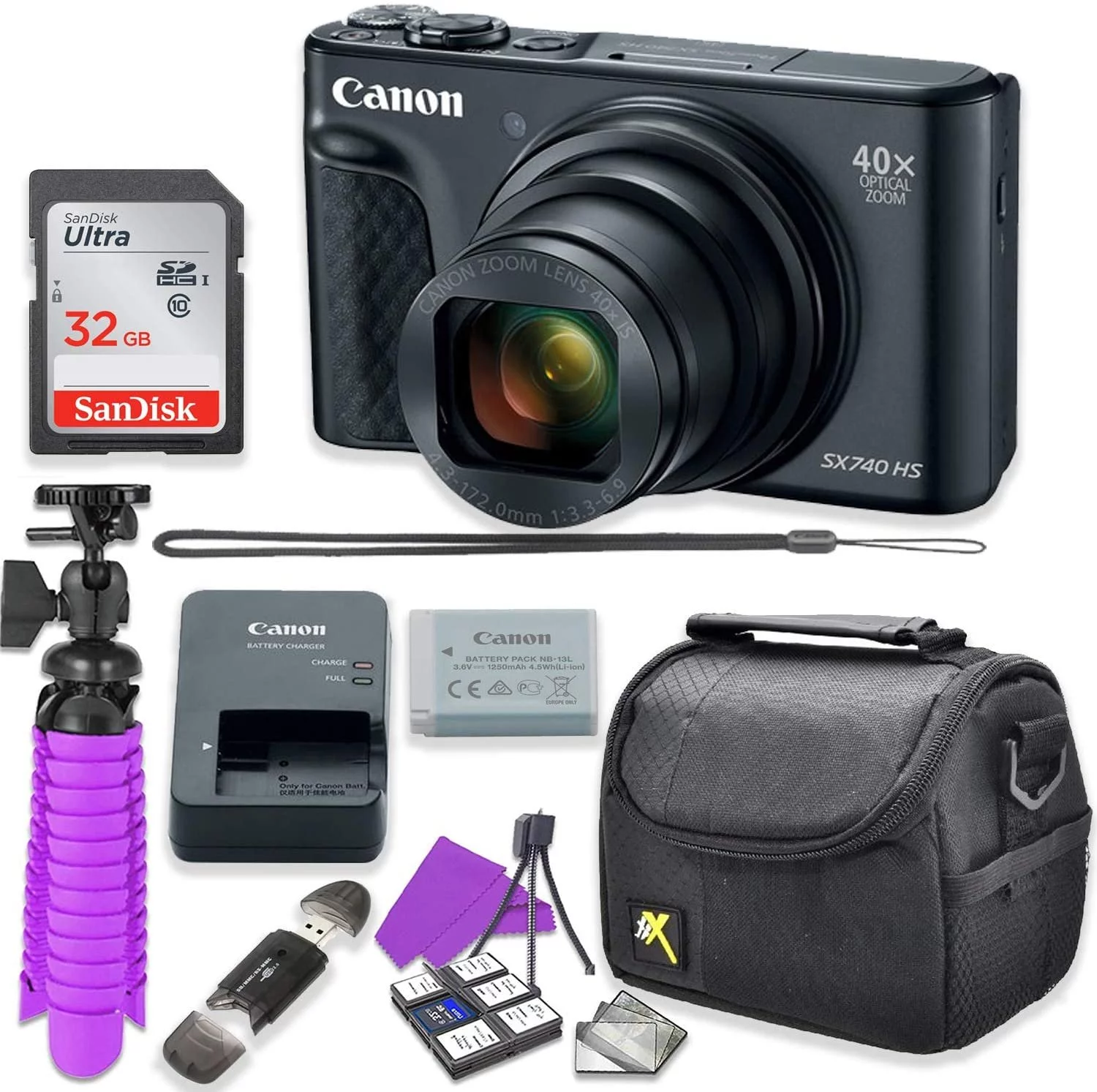 Canon PowerShot SX740 HS Digital Camera, Black, New, with 32GB Memory, Case, Spider Tripod Bundle