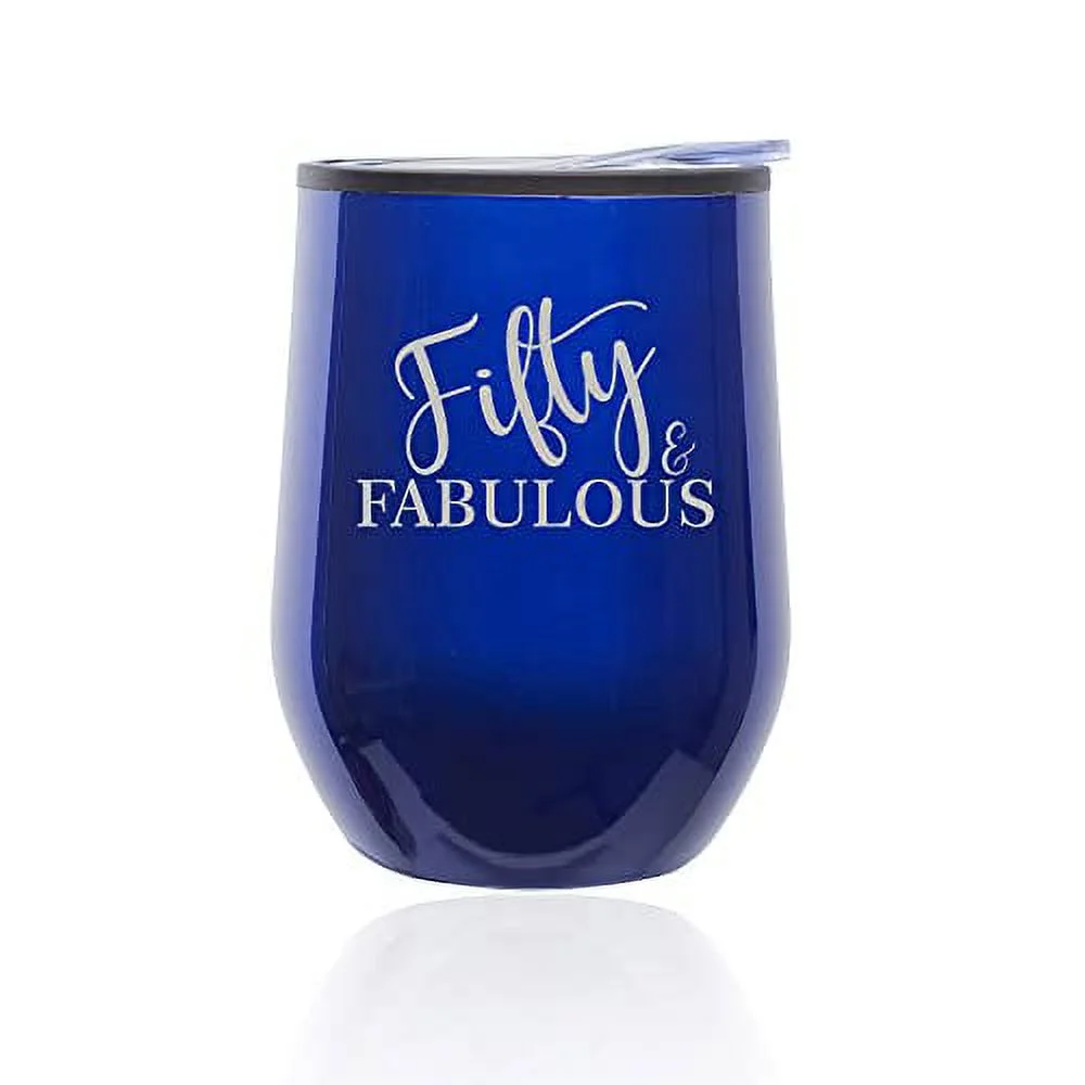 Stemless Wine Tumbler Coffee Travel Mug Glass with Lid Fifty And Fabulous 50th Birthday (Blue)