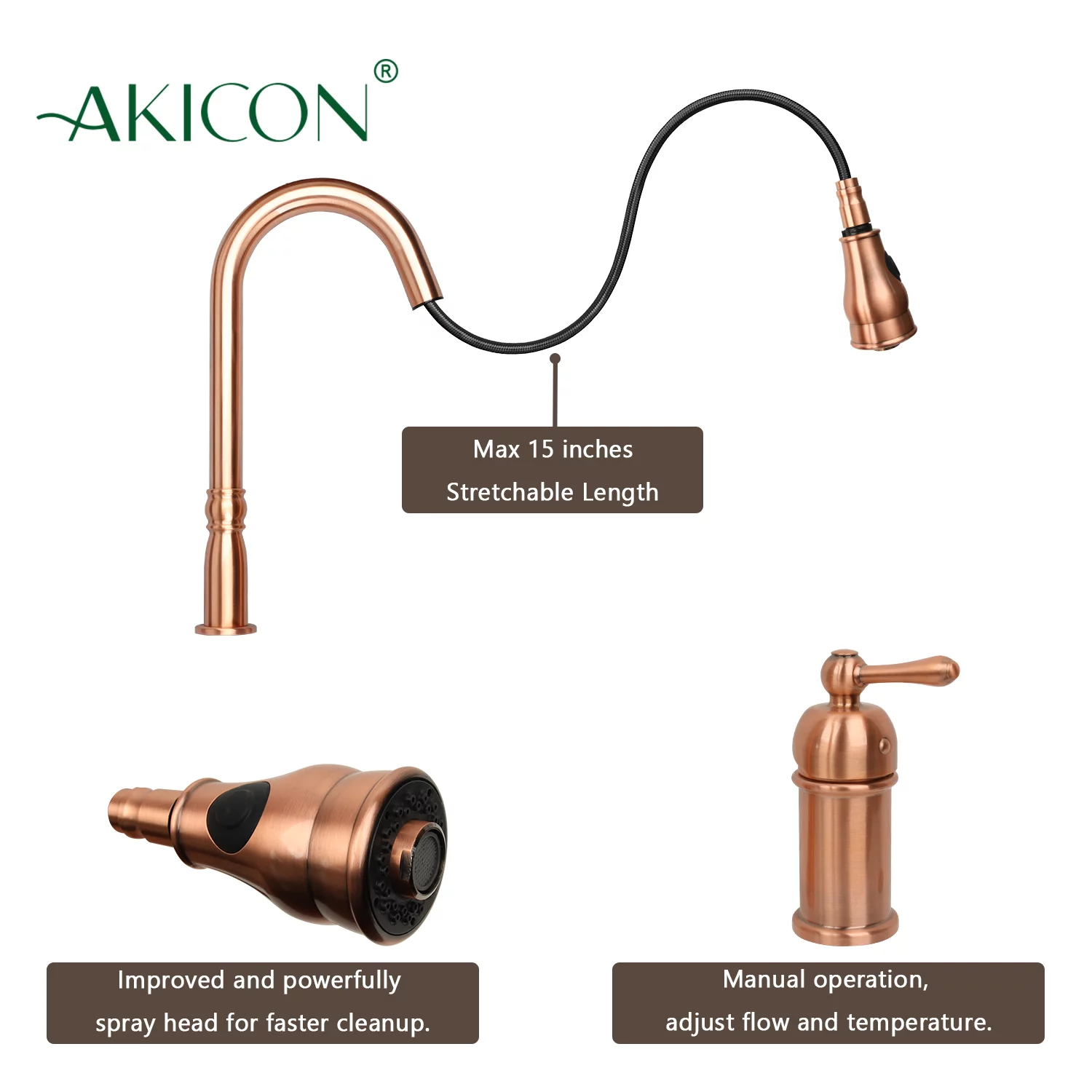 Akicon Copper Kitchen Faucet with in-Deck Handle, Single Level Handle and Pull Down Sprayer Copper