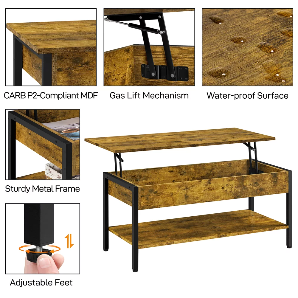 Topeakmart Large Wood Lift Top Coffee Table with Hidden Compartment, Rustic Brown