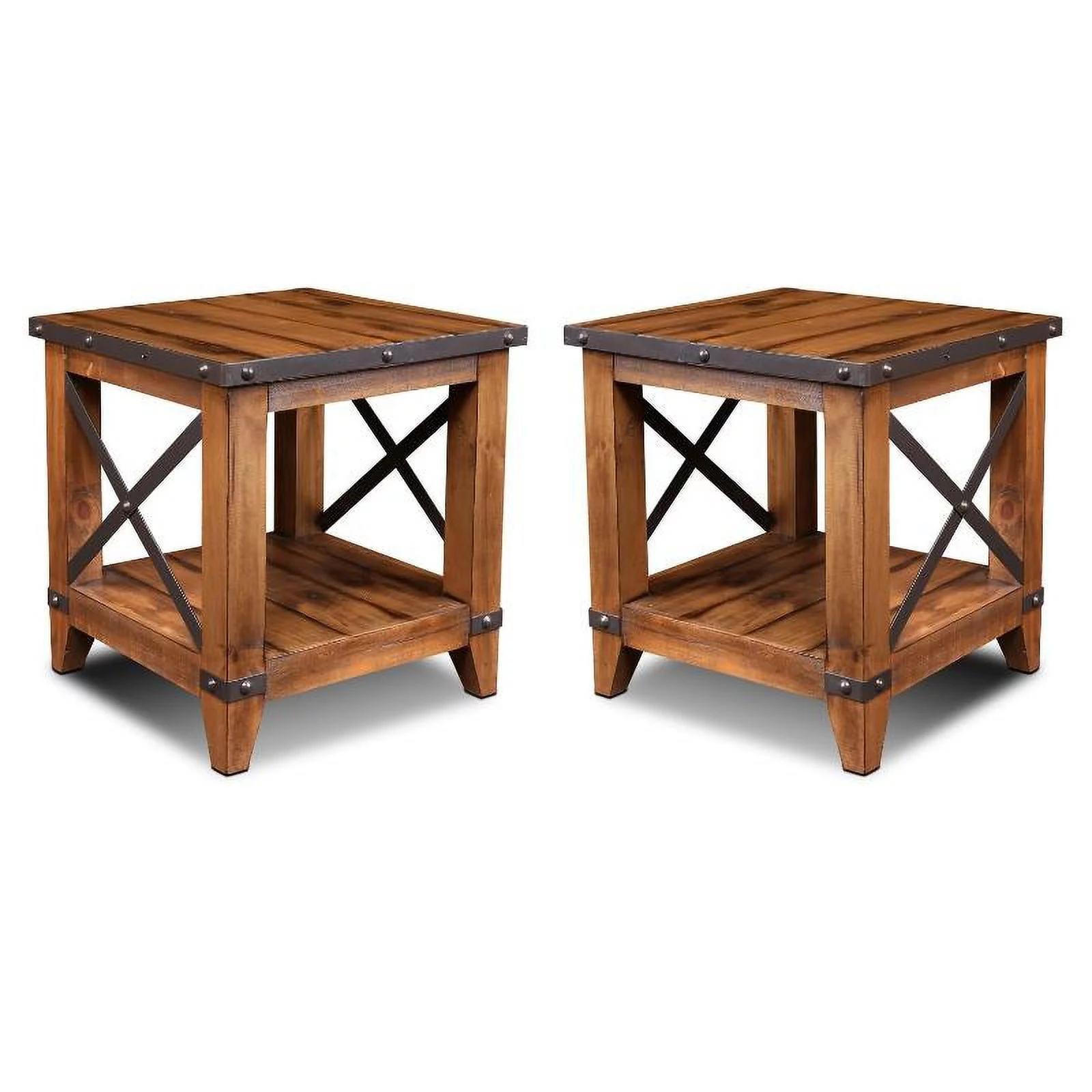 Home Square Contemporary Wood End Table with Shelf in Oak - Set of 2