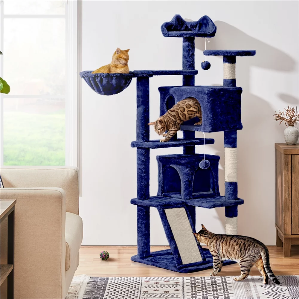 Topeakmart 57''H Multilevel Cat Tree Tower with 2 Condos & Scratching Posts/Ramp, Navy Blue