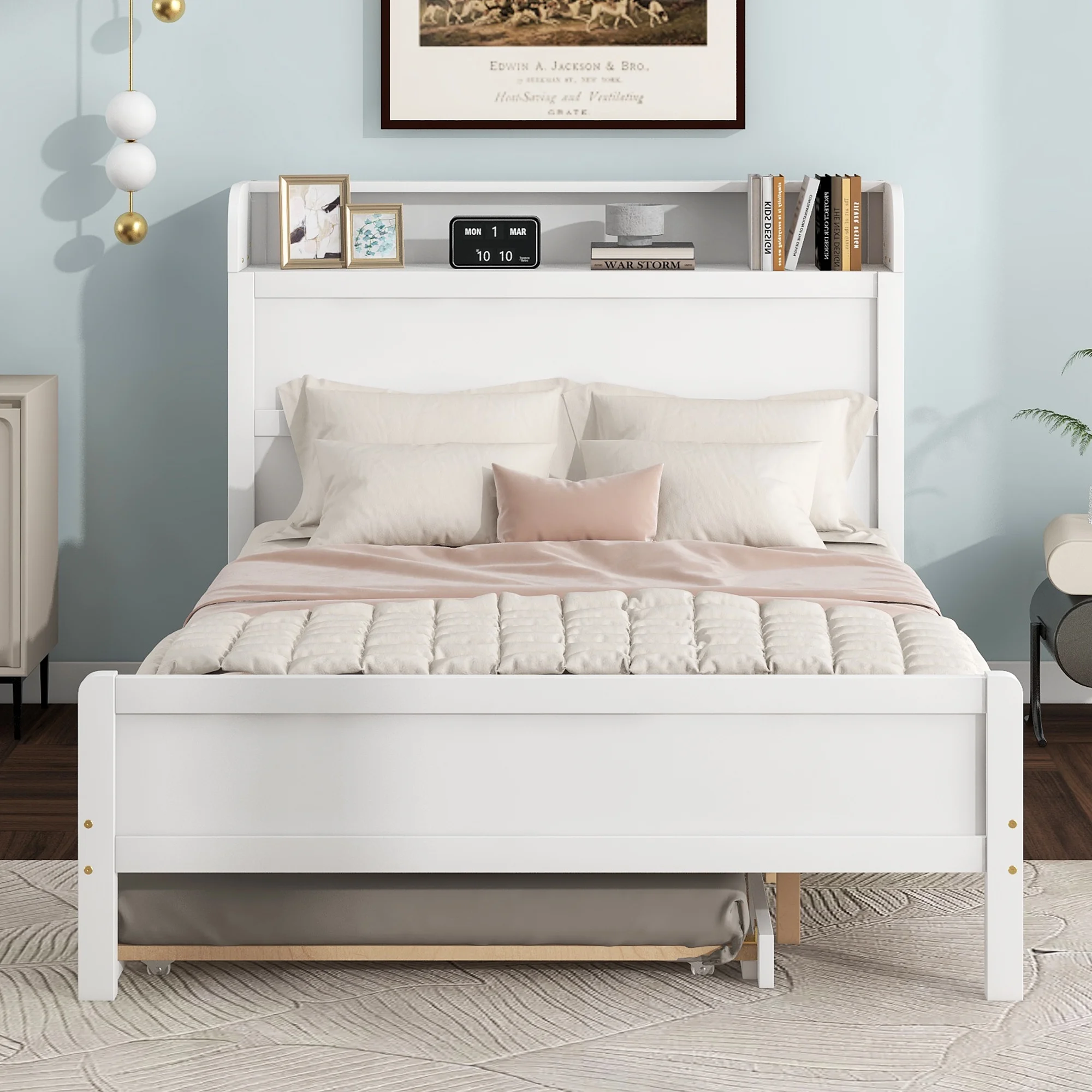 Euroco Full Size Wood Platform Bed with Trundle and Storage Headboard, White