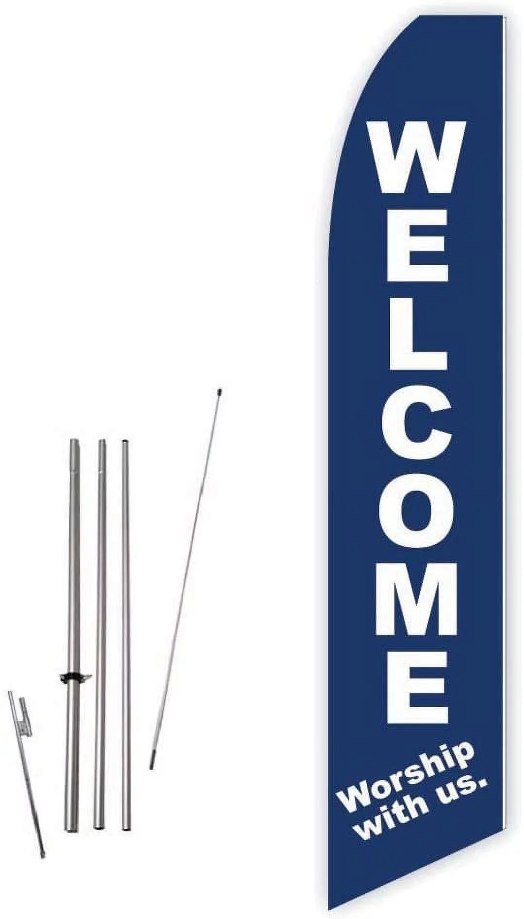 Welcome Worship with Us Dark Blue Super Novo Feather Swooper Flag Banner - Complete with 15ft Pole Set and Ground Spike