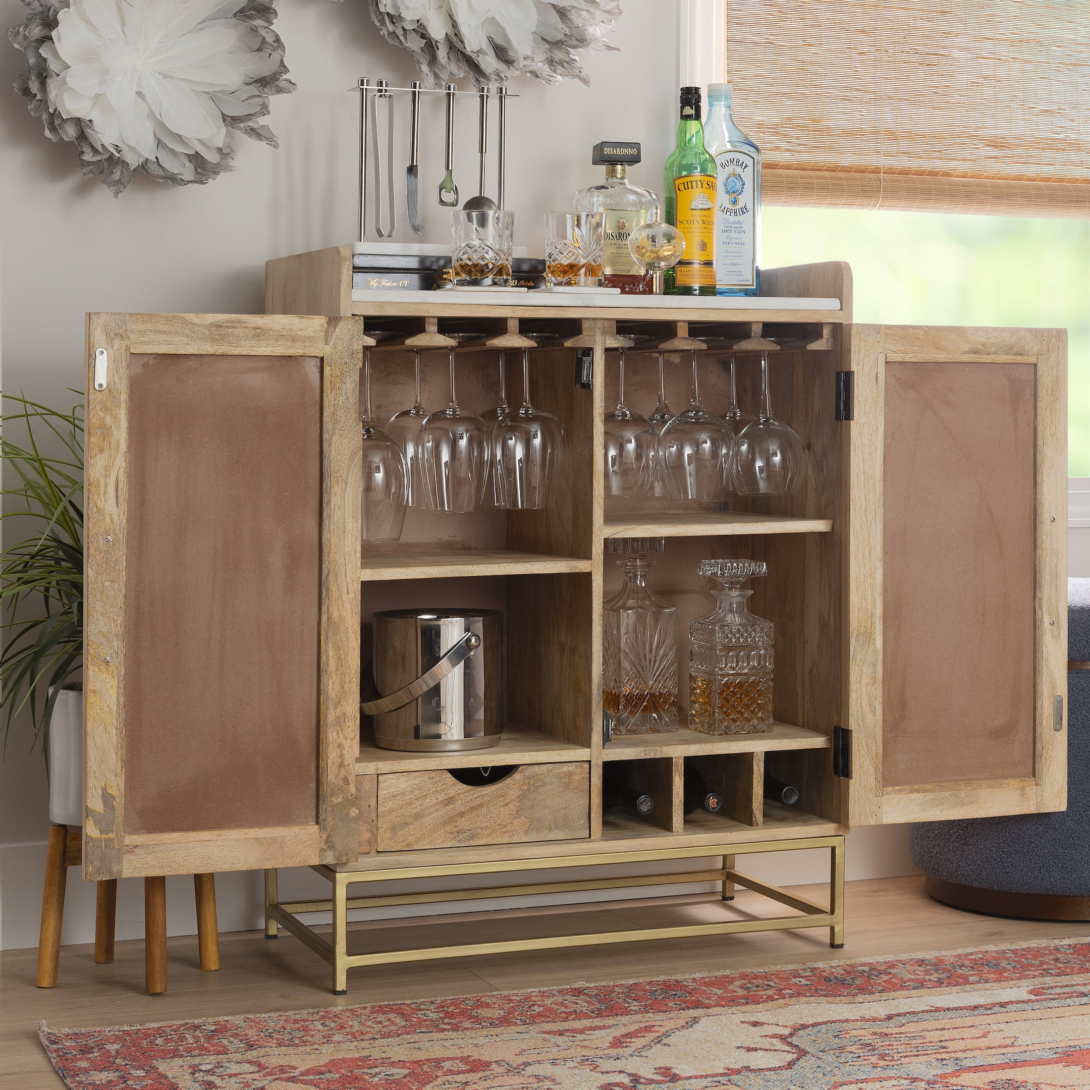Blair Rattan Bar Cabinet, Natural with White Marble Top
