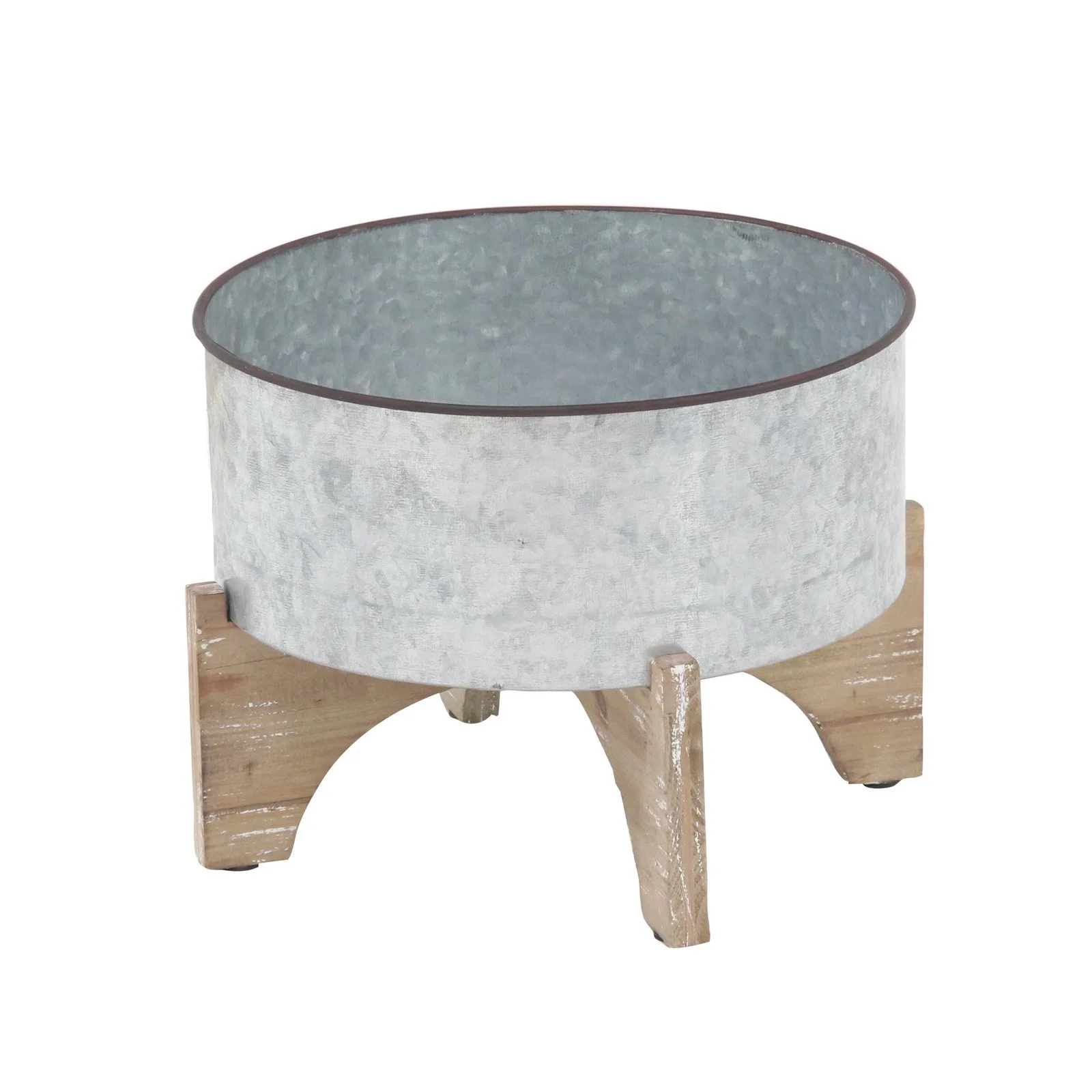 Decmode Set of 3 Farmhouse Round Iron Planters With Wooden Stands, Gray