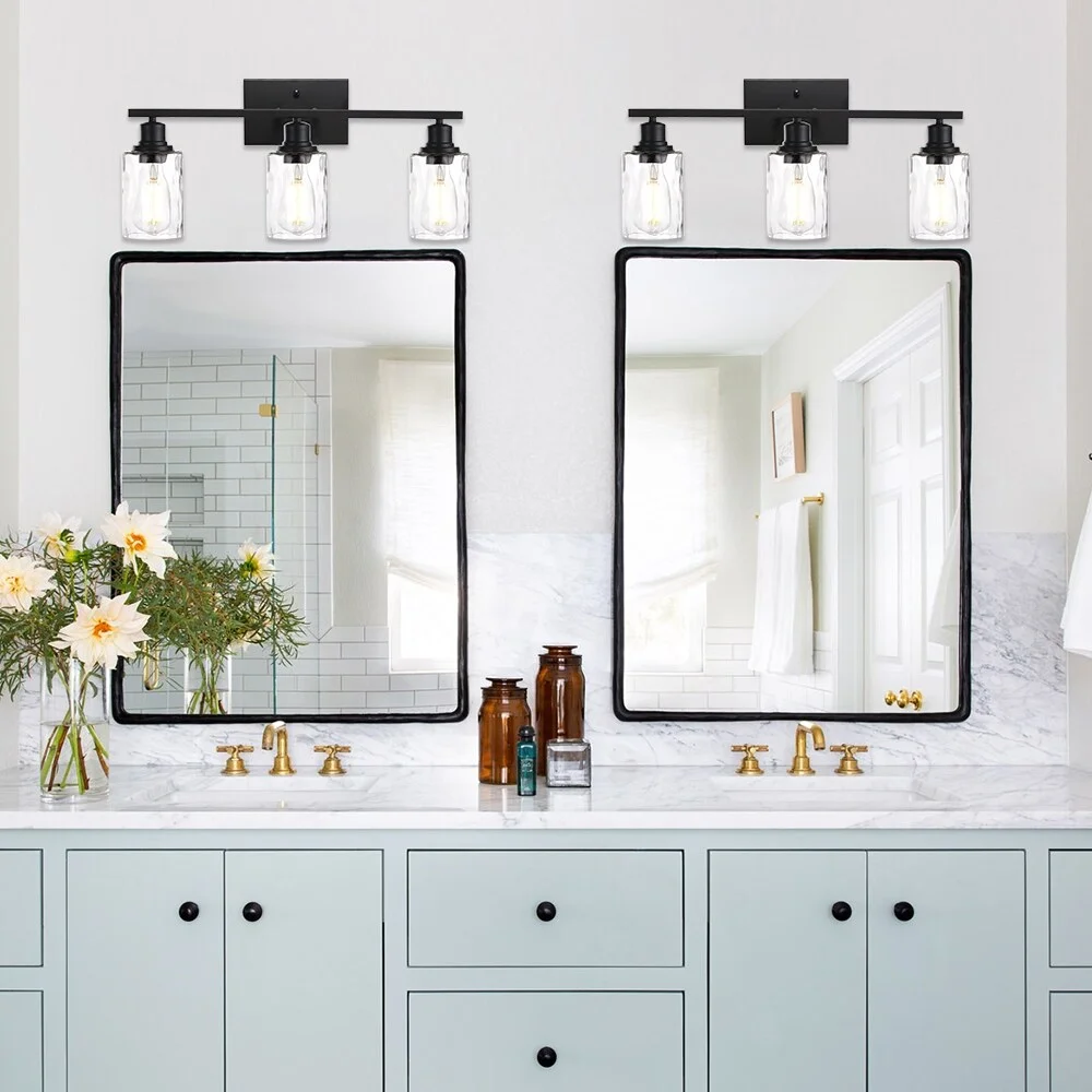 VINLUZ Black Industrial Vanity Light fixture with Water Ripple Glass Shade 3-Lights