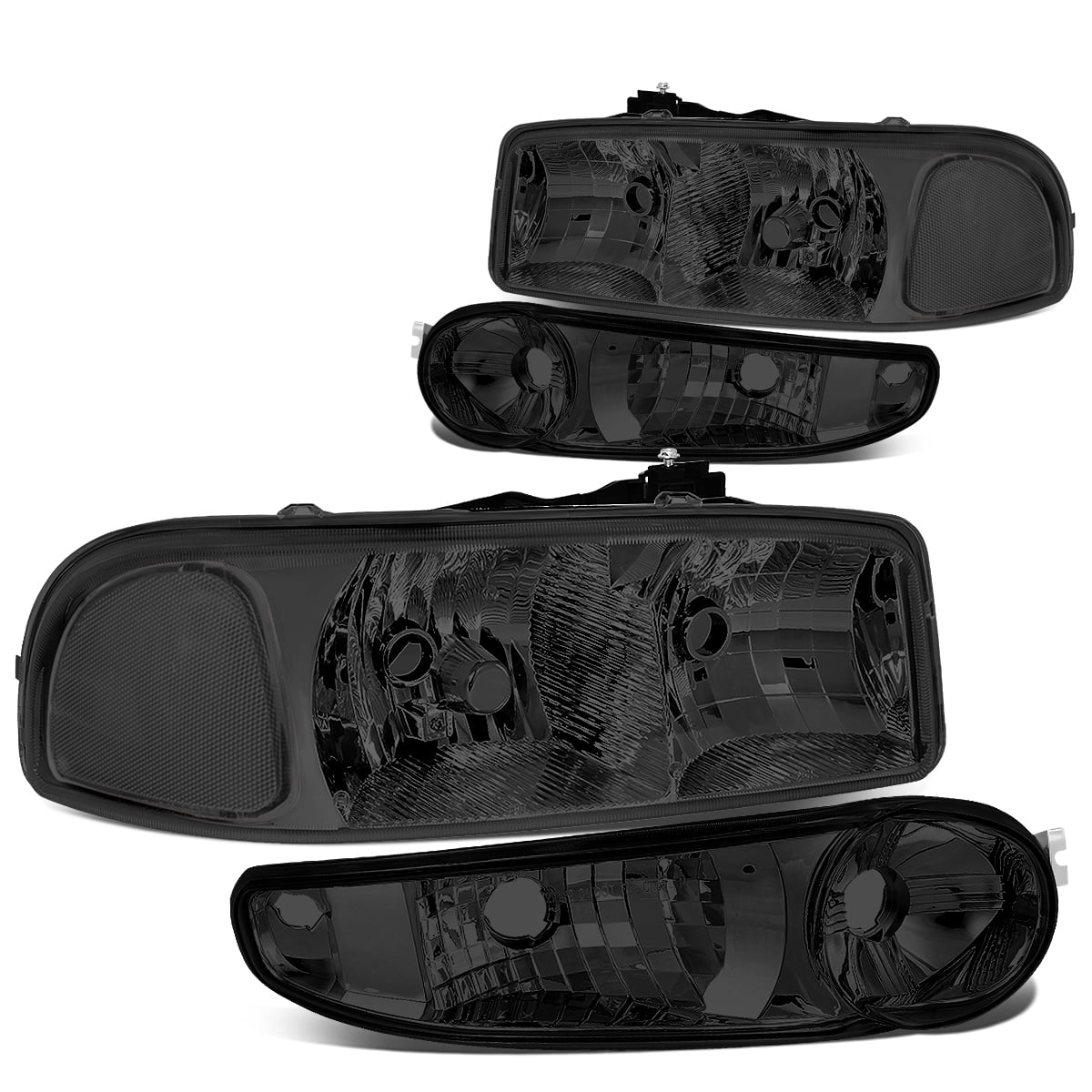 DNA Motoring HL-OH-DAN994P-SM-CL1 For 2001 to 2007 GMC Sierra C3 Yukon Denali 4Pcs of Smoked Lens Clear Corner Headlights + Bumper Lamps 02 03 04 05 06 Left + Right