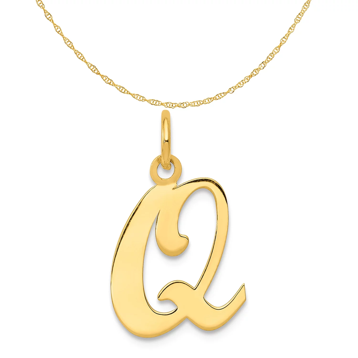 Carat in Karats 14K Yellow Gold Script Letter Q Initial Pendant Charm With 10K Yellow Gold Lightweight Rope Chain Necklace 20''