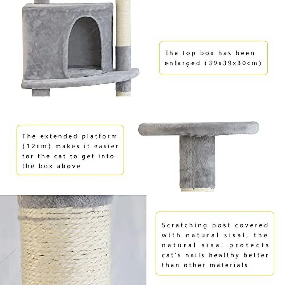 OTLIVE Newly Designed Cat Tree Condo, 46.8'' Multi-Level Large Cat Activity Tree with Cat Scratching Post and Big Cat House (Grey)
