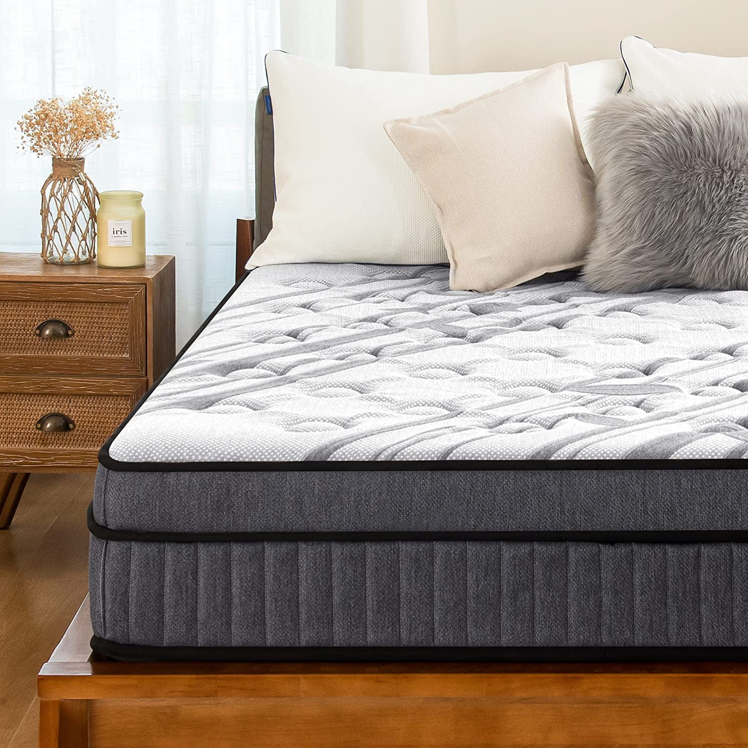 YANRUI 10 Inch Hybrid Mattress Queen, Gel Memory Foam and Individual Pocket Innerspring Mattress Bed in a Box, Made in USA, CertiPUR-US, Medium Firm Mattress for Silent Sleep & Pressure Relief Grey