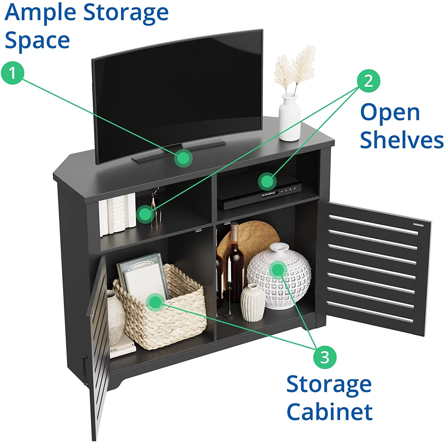 Cozy Castle Corner TV Stand for 50 Inch TV with Anti-Tilt Design, Corner Entertainment Center with Doors, Corner TV Cabinet for Bedroom, Living Room, Black