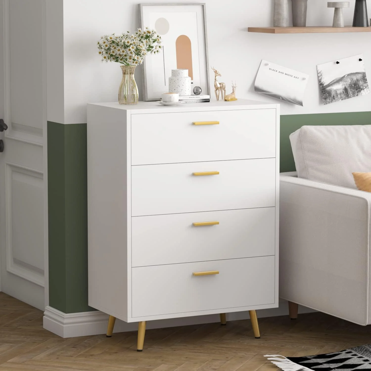 MQLIFEBOOM 4 Drawer Dresser  Chest of Drawers with Gold Metal Legs  Wood Dresser  Chest Drawers for Bedroom  Living Room  White (27.4" W x 15.6" D x 37.5" H)