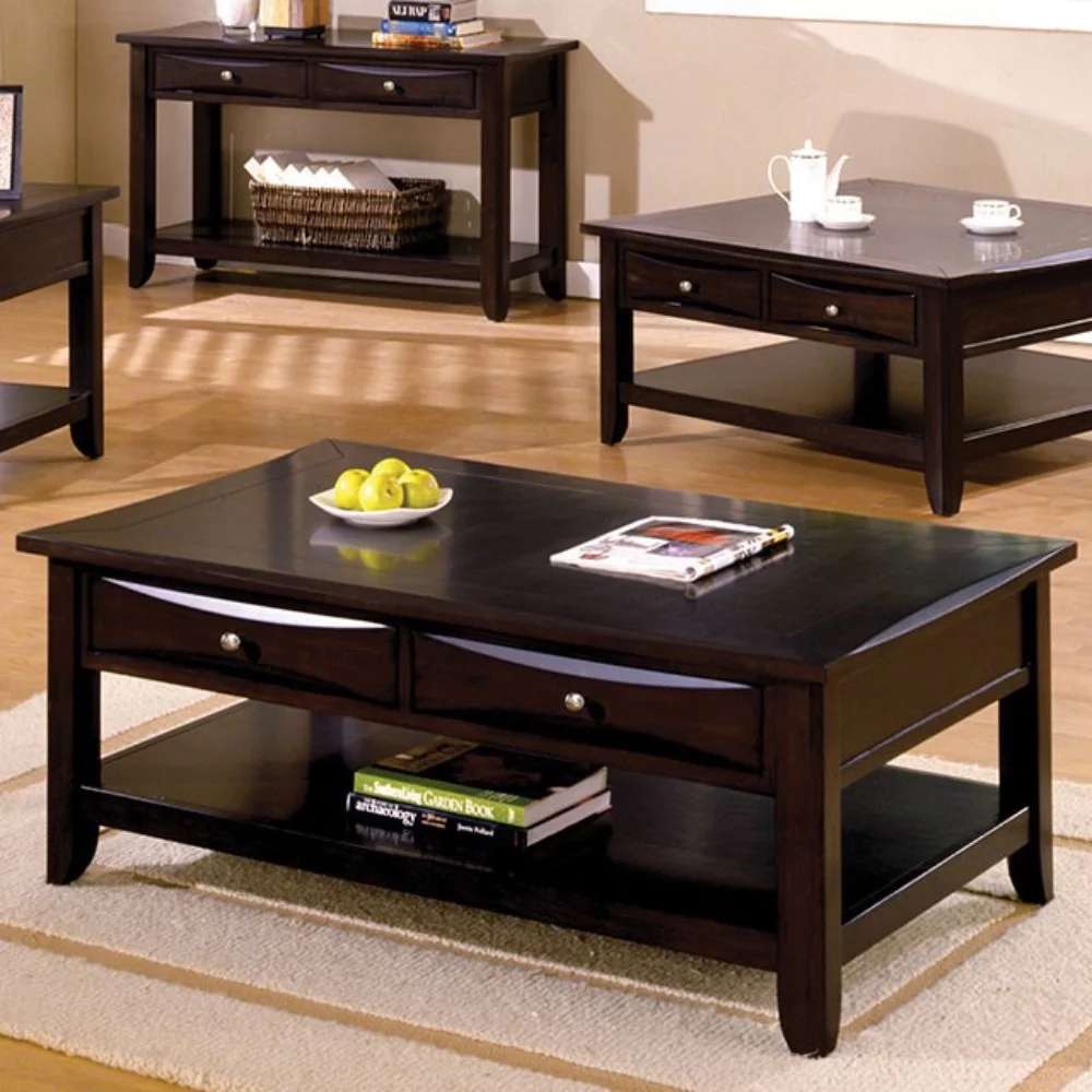 2 Drawer Wooden Coffee Table with Open Bottom Shelf, Espresso Brown- Saltoro Sherpi