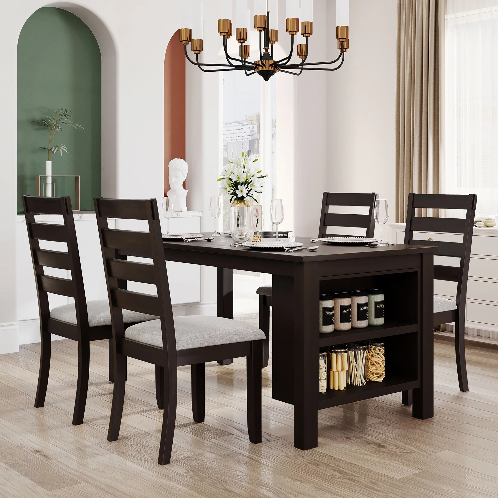 Churanty Farmhouse Wood 5 Pieces Dining Table Set with Storage Shelves,Kitchen Set for 4 with Padded Dining Chairs, Espresso